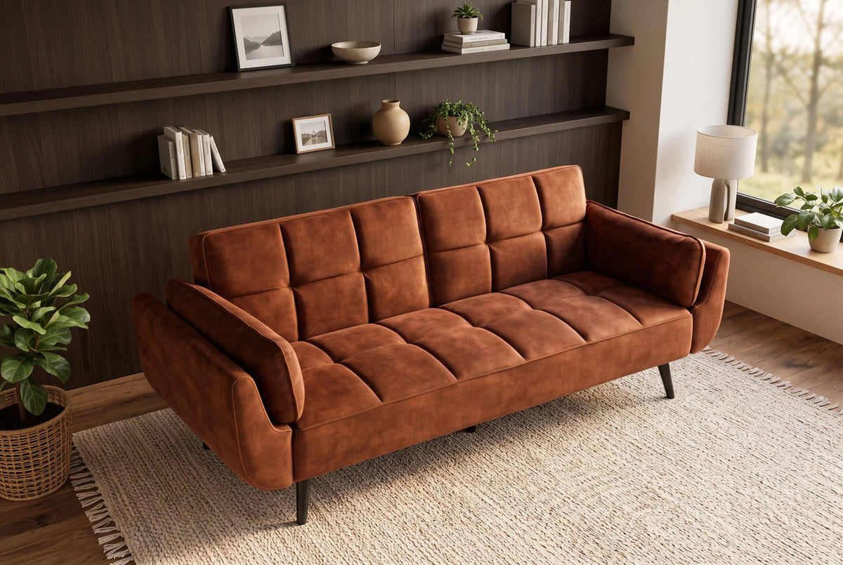 Brązowa sofa BOUTIQUE 215 cm w tkaninie velvet z rozkładanym oparciem i czarnymi metalowymi nóżkami