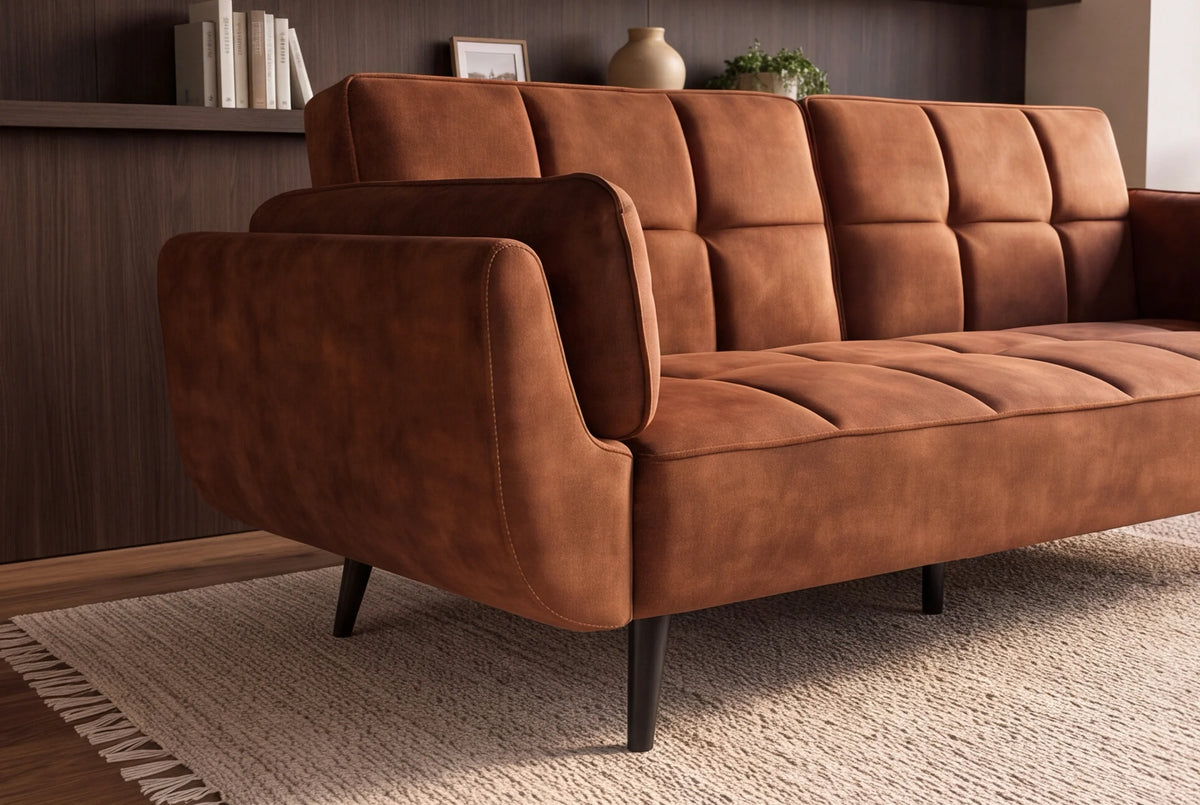 Brązowa sofa BOUTIQUE 215 cm w tkaninie velvet z rozkładanym oparciem i czarnymi metalowymi nóżkami