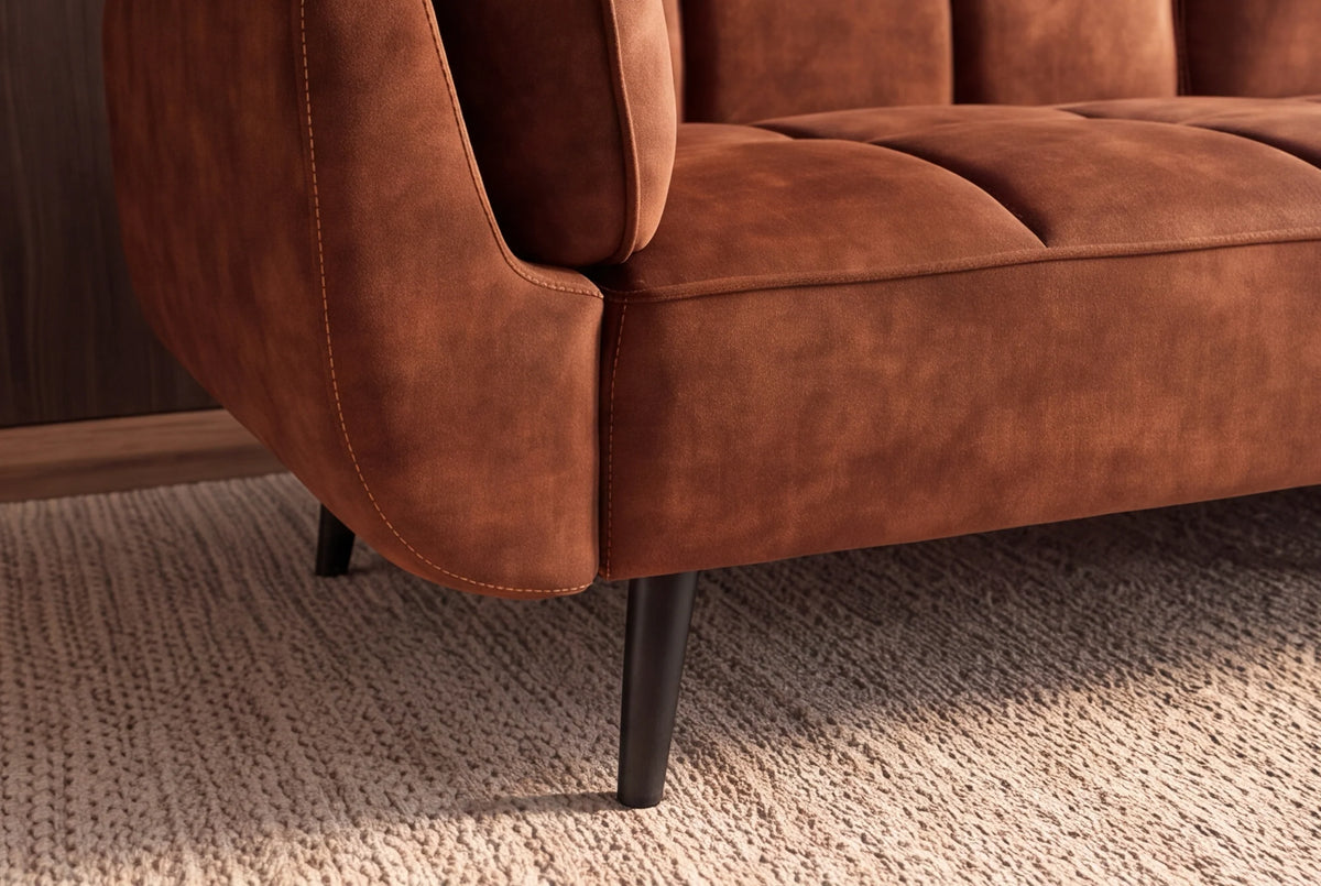 Brązowa sofa BOUTIQUE 215 cm w tkaninie velvet z rozkładanym oparciem i czarnymi metalowymi nóżkami