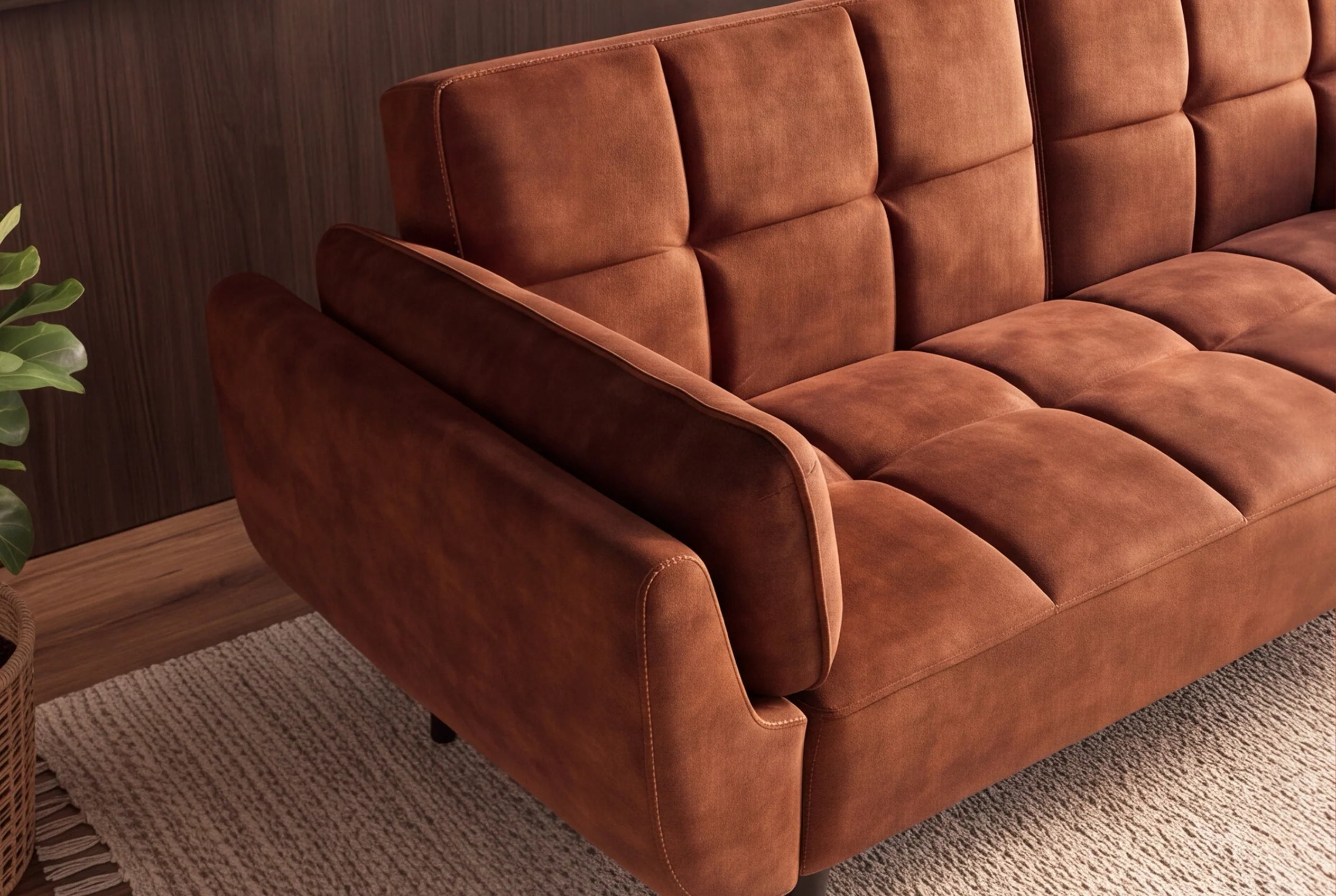 Brązowa sofa BOUTIQUE 215 cm w tkaninie velvet z rozkładanym oparciem i czarnymi metalowymi nóżkami