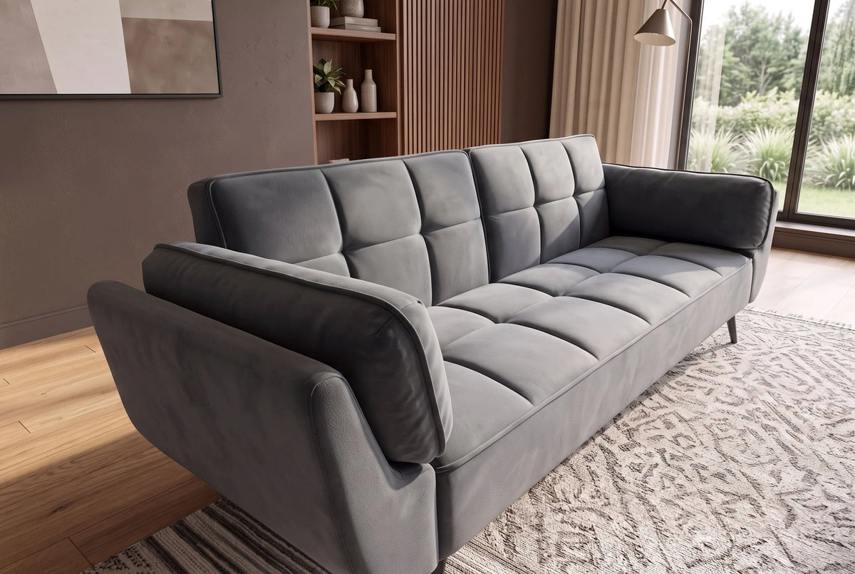 Szara sofa BOUTIQUE z tkaniny velvet z rozkładanym oparciem i metalowymi nóżkami do nowoczesnego salonu