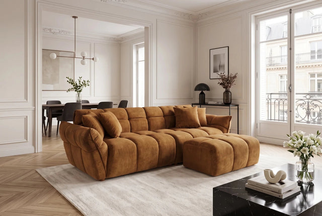 Żółta sofa CLOUD w tkaninie velvet o zaokrąglonej formie do nowoczesnego salonu
