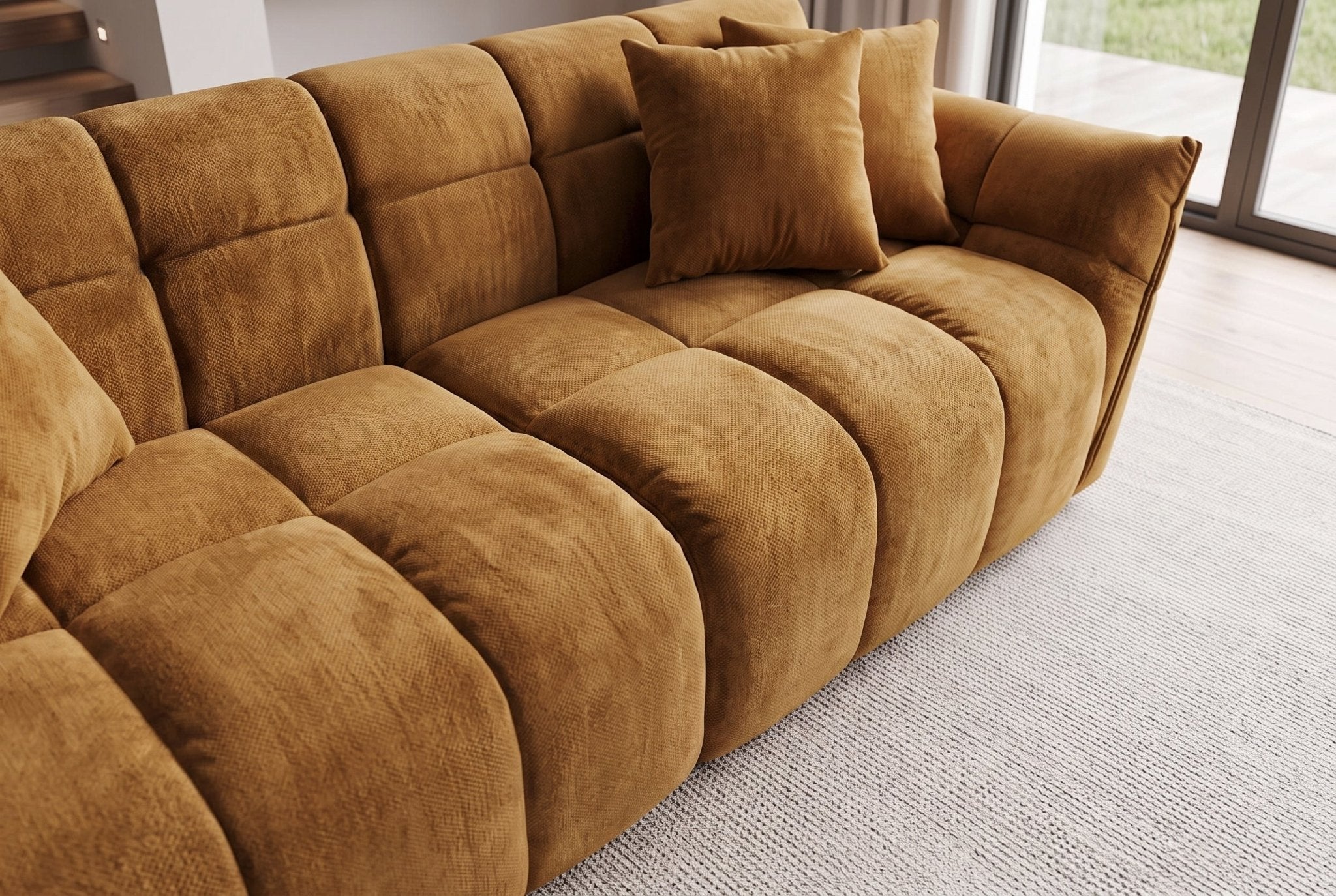 Żółta sofa CLOUD w tkaninie velvet o zaokrąglonej formie do nowoczesnego salonu