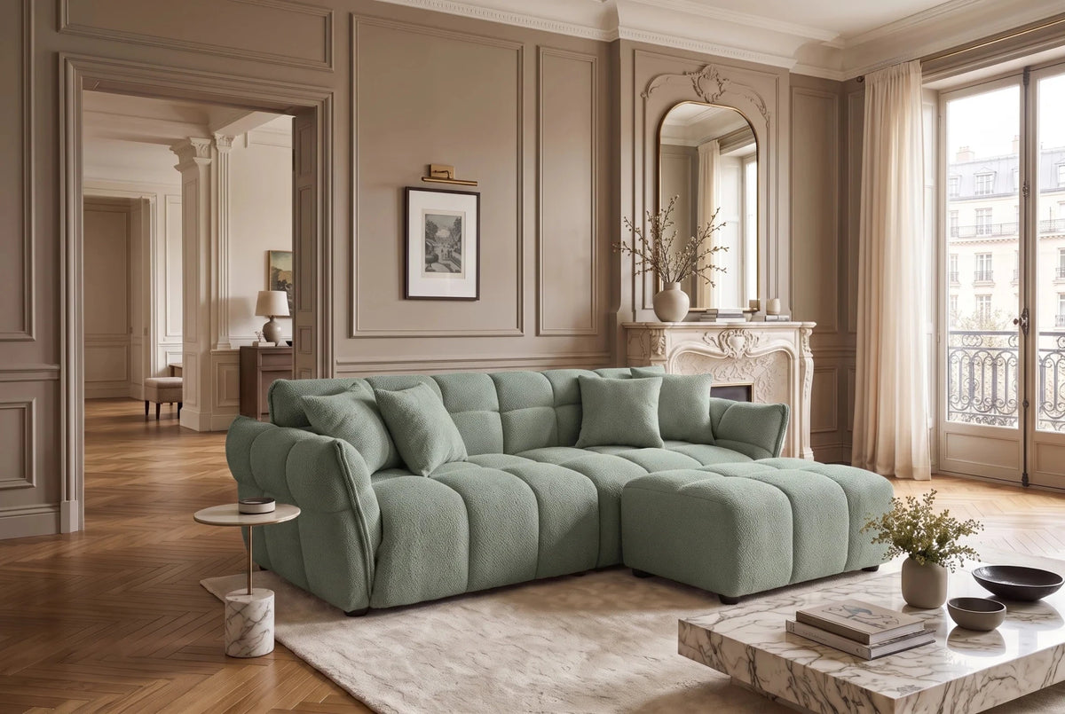 Zielona sofa CLOUD w tkaninie bouclé o miękkiej zaokrąglonej formie do nowoczesnego salonu