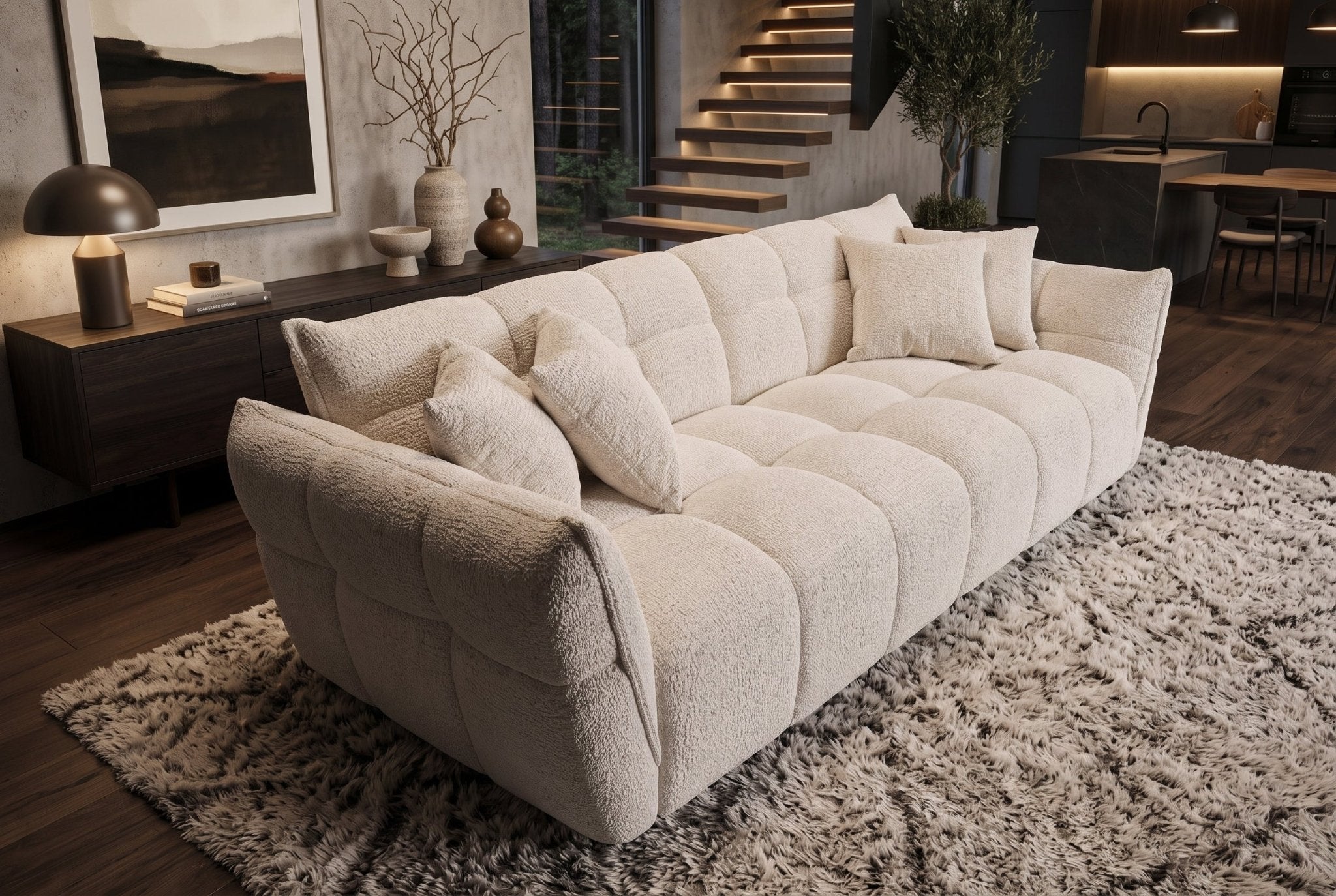 Beżowa sofa CLOUD w tkaninie boucle o miękkiej zaokrąglonej formie do nowoczesnego salonu