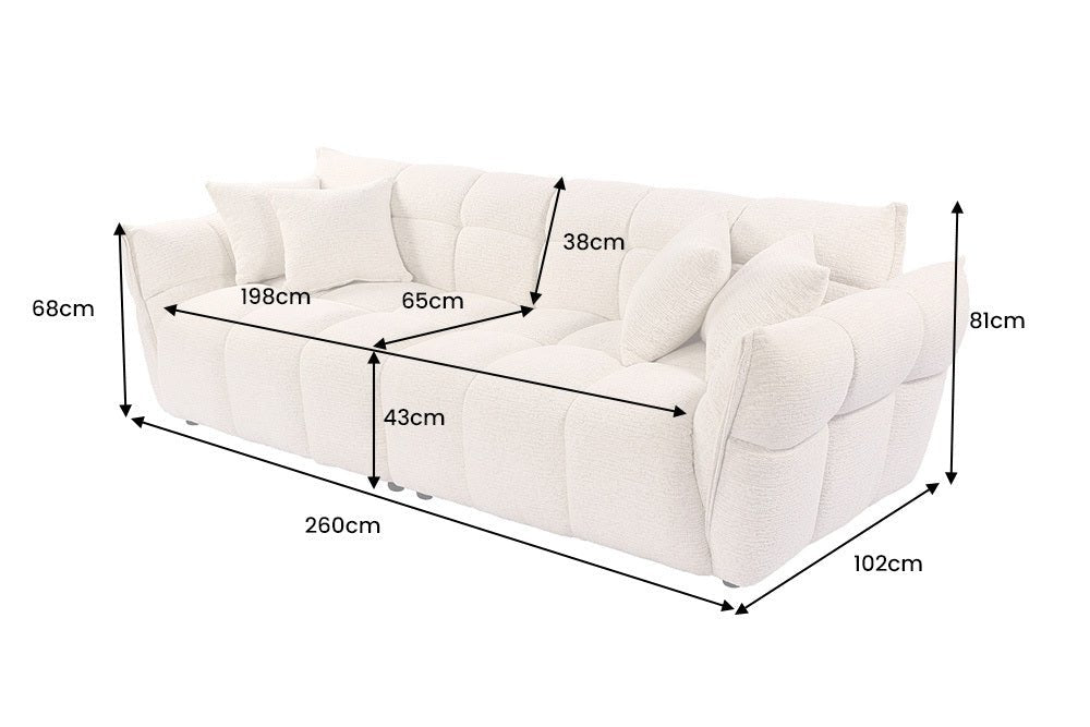 Szara sofa CLOUD w tkaninie bouclé o miękkiej zaokrąglonej formie do nowoczesnego salonu