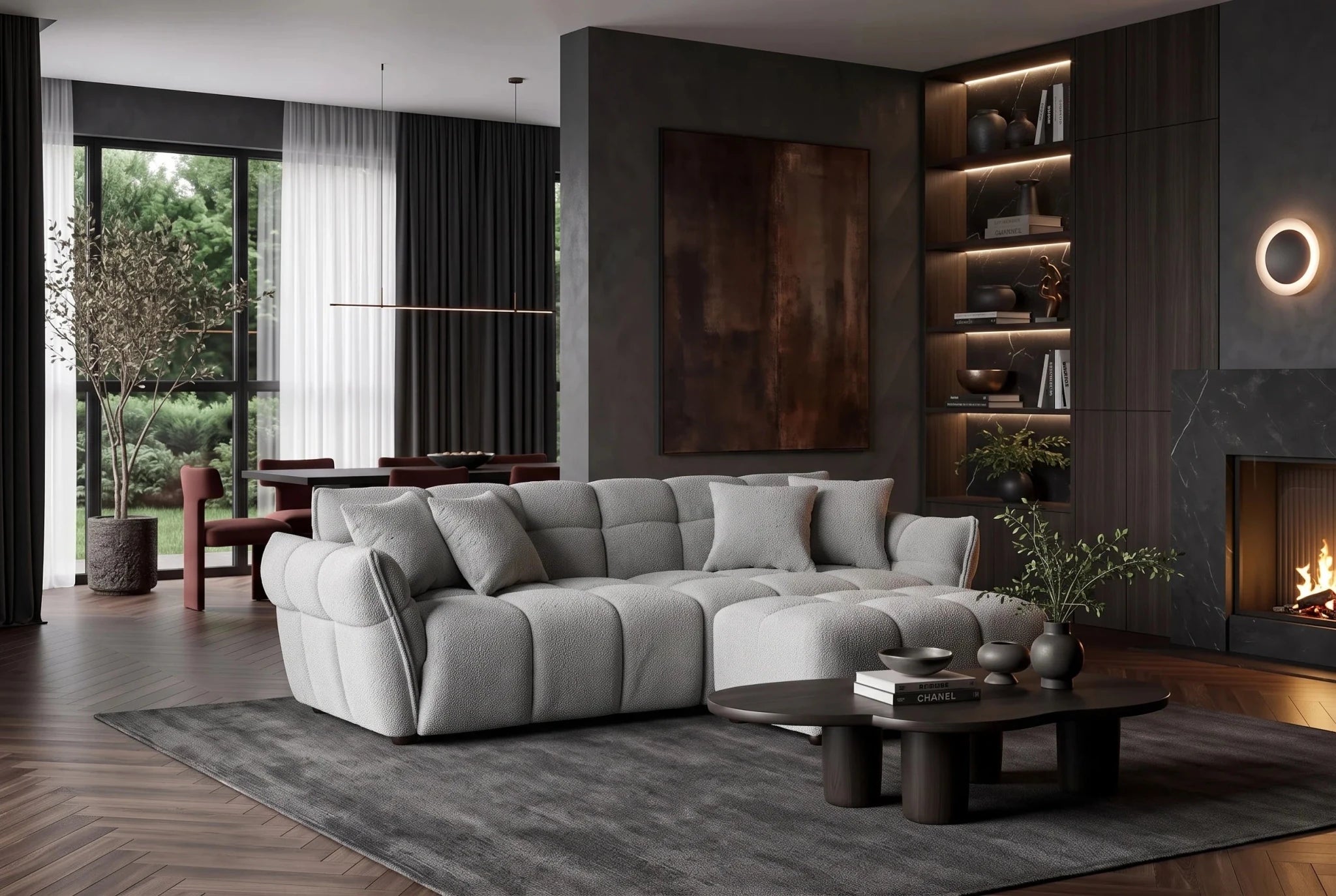 Szara sofa CLOUD w tkaninie bouclé o miękkiej zaokrąglonej formie do nowoczesnego salonu