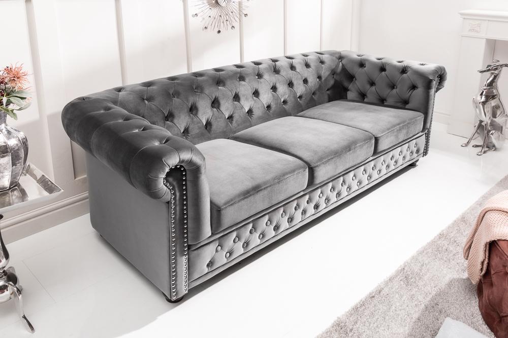 Sofa Chesterfield 3 osobowa aksamit szary / 40482 / INVICTA INTERIOR