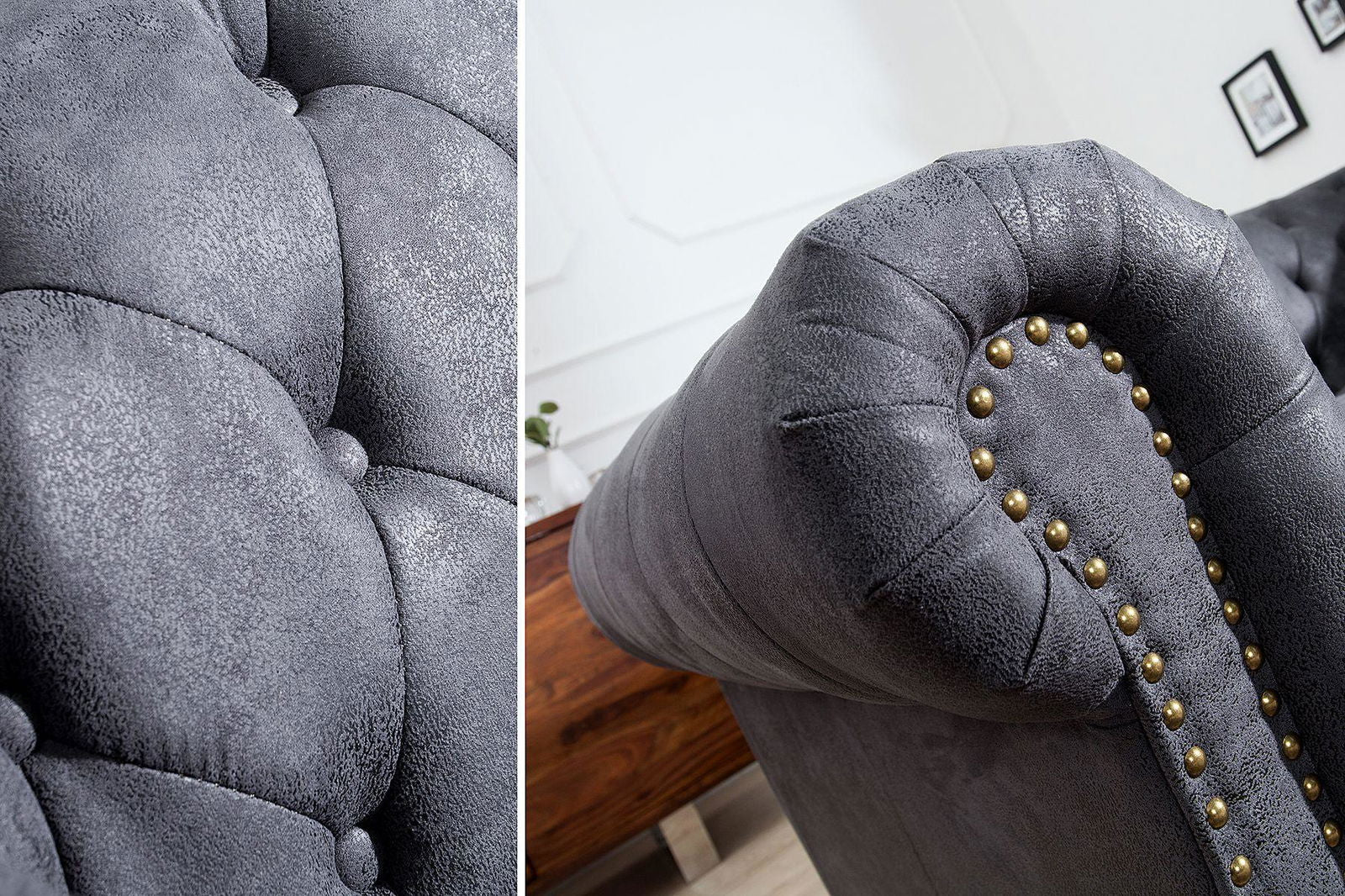 Sofa Chesterfield 3  szary antyk / 37391 / INVICTA INTERIOR
