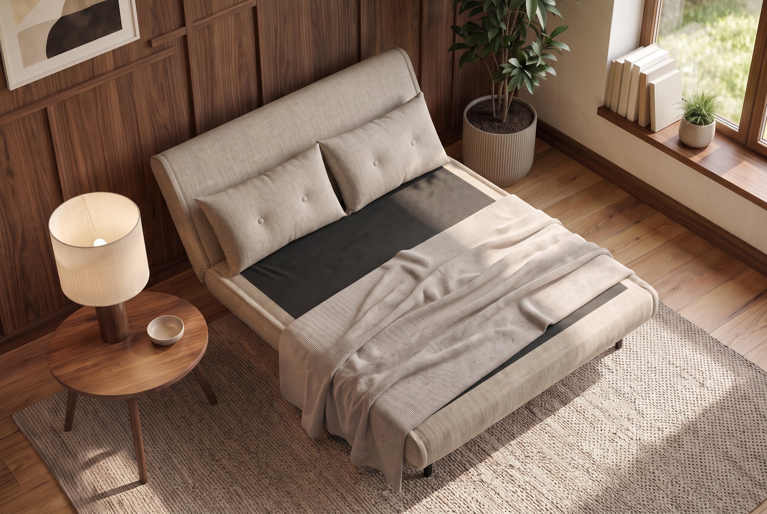 Beżowa sofa z funkcją spania 140 cm w tkaninie aksamit z drewnianymi nóżkami i poduszkami