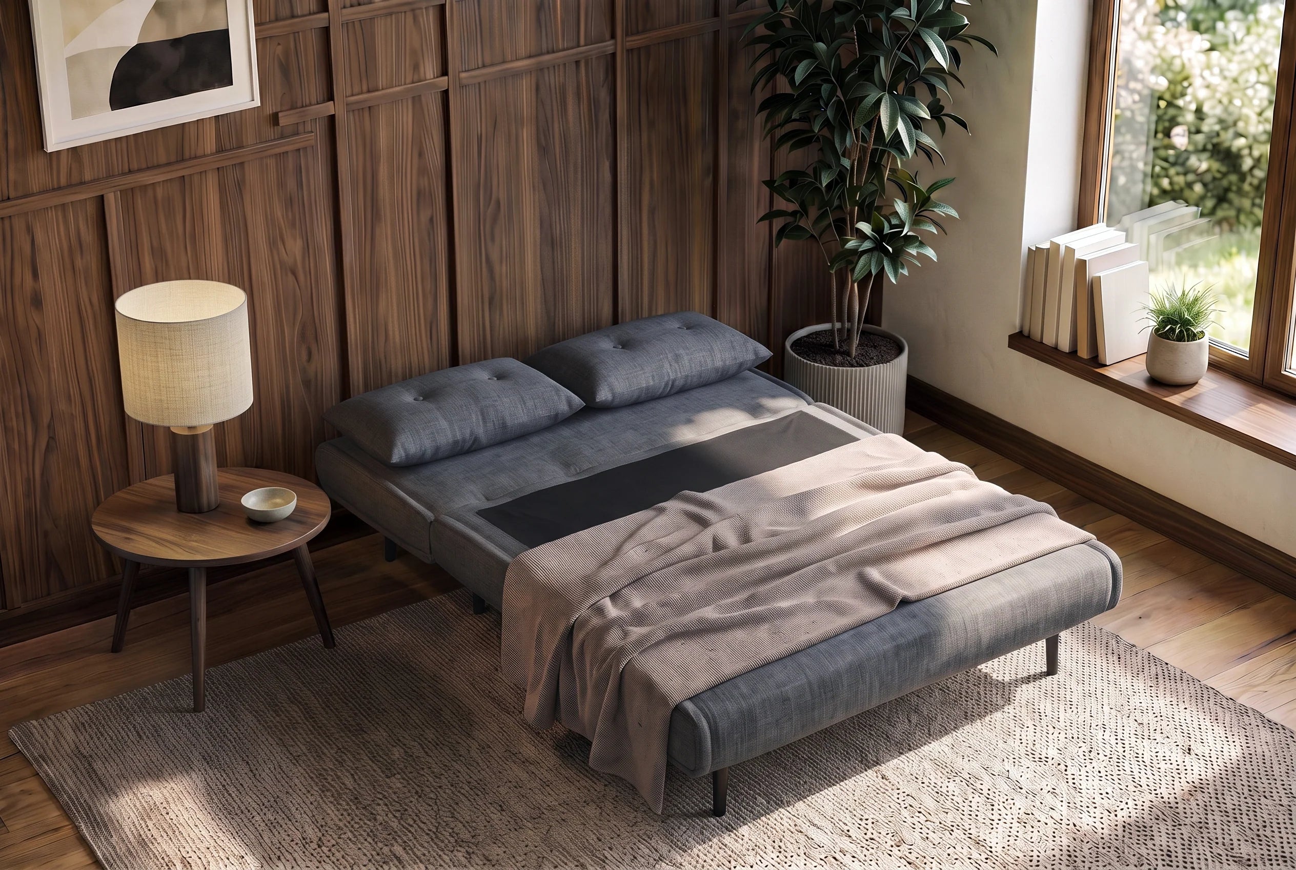 Szara sofa z funkcją spania 140 cm w tkaninie aksamitu z drewnianymi nóżkami i poduszkami