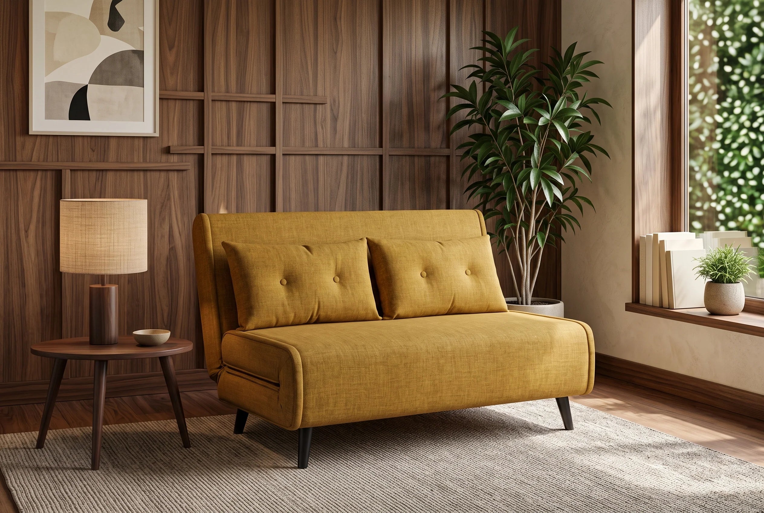 Żółta sofa z funkcją spania 140 cm w tkaninie aksamit z drewnianymi nóżkami i poduszkami