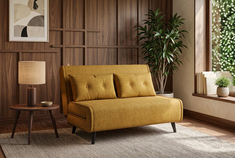 Żółta sofa z funkcją spania 140 cm w tkaninie aksamit z drewnianymi nóżkami i poduszkami