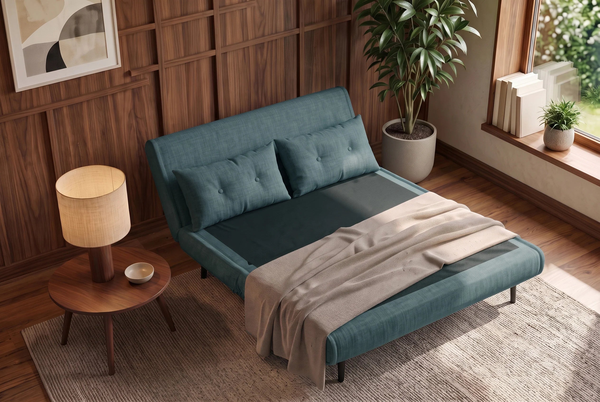 Niebieska sofa z funkcją spania 140 cm w tkaninie aksamit z drewnianymi nóżkami i poduszkami