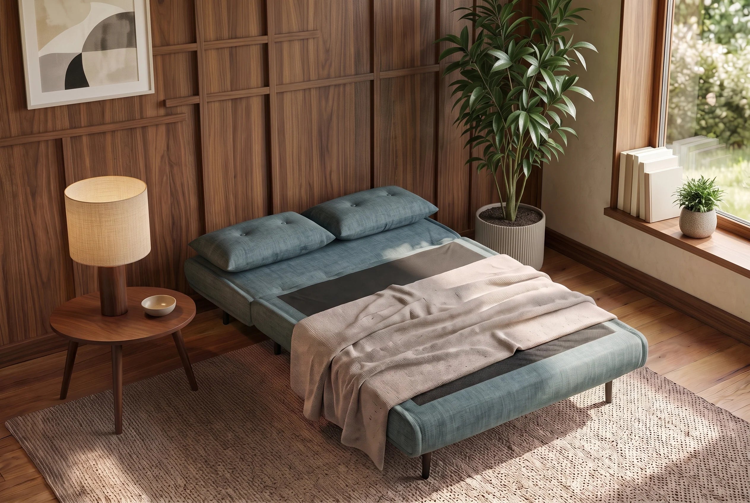 Niebieska sofa z funkcją spania 140 cm w tkaninie aksamit z drewnianymi nóżkami i poduszkami