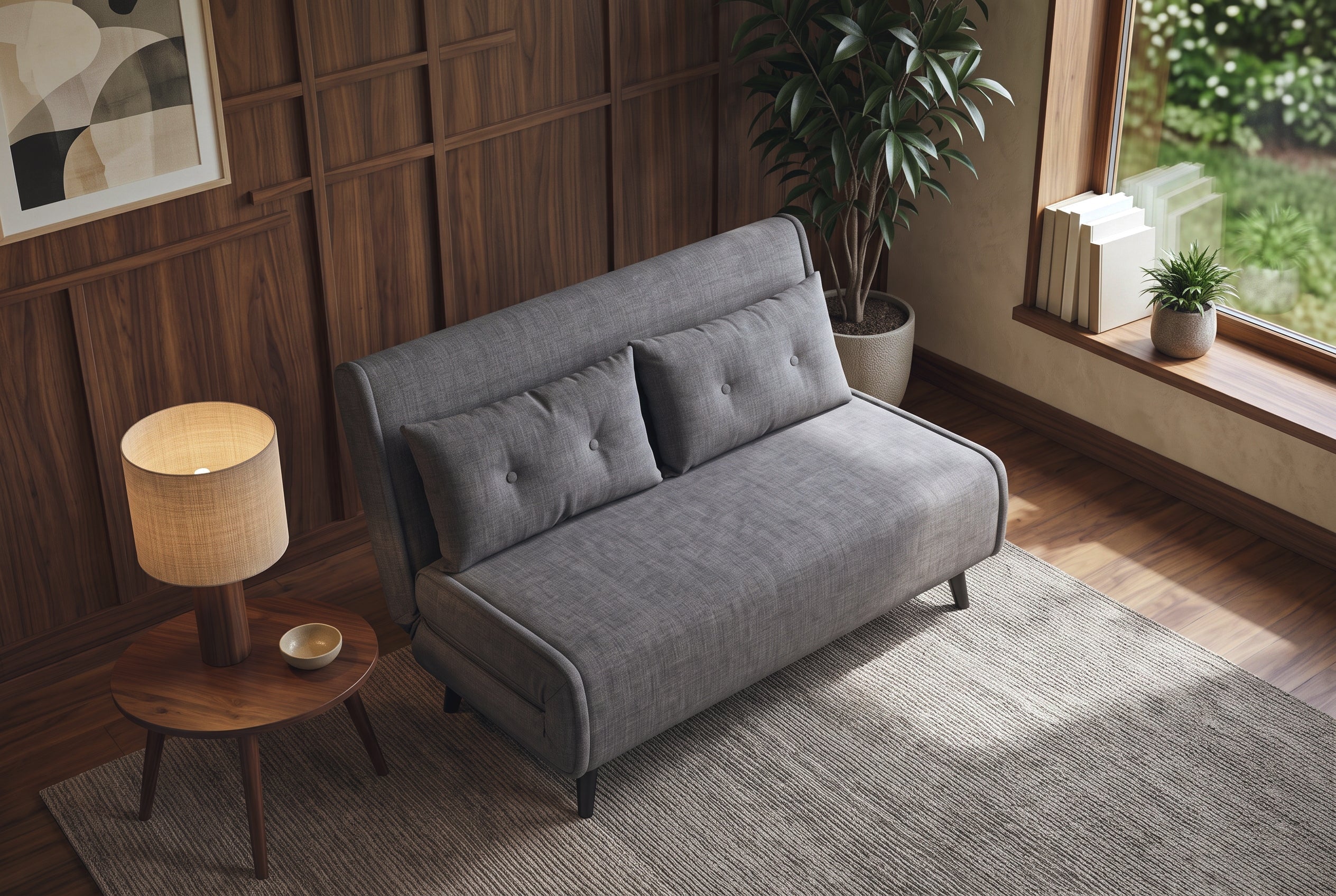 Szara sofa z funkcją spania 140 cm w tkaninie aksamitu z drewnianymi nóżkami i poduszkami