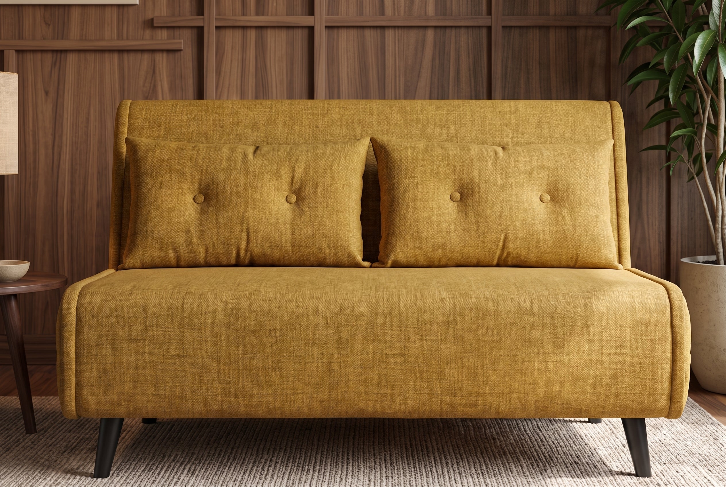 Żółta sofa z funkcją spania 140 cm w tkaninie aksamit z drewnianymi nóżkami i poduszkami