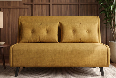 Żółta sofa z funkcją spania 140 cm w tkaninie aksamit z drewnianymi nóżkami i poduszkami