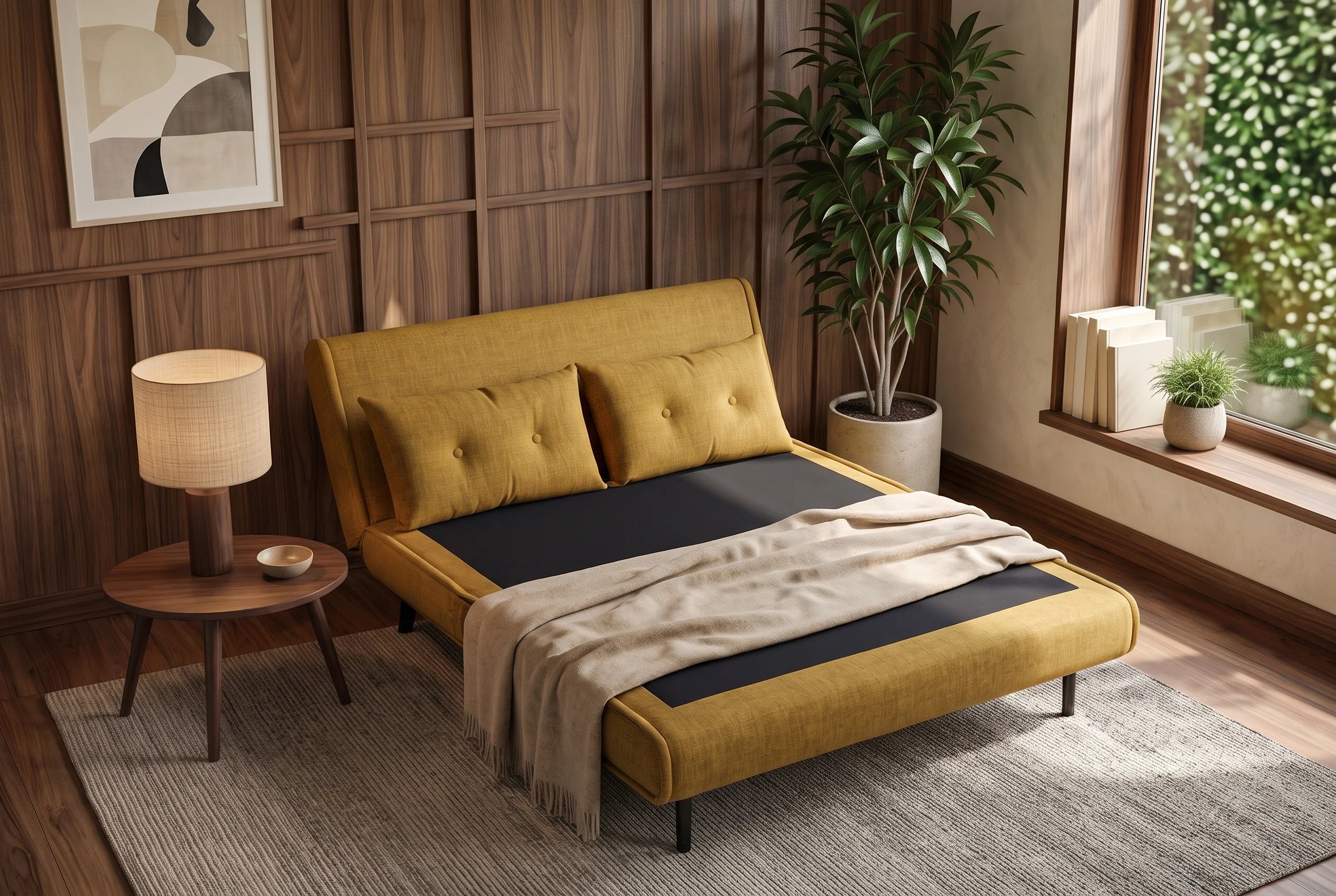 Żółta sofa z funkcją spania 140 cm w tkaninie aksamit z drewnianymi nóżkami i poduszkami
