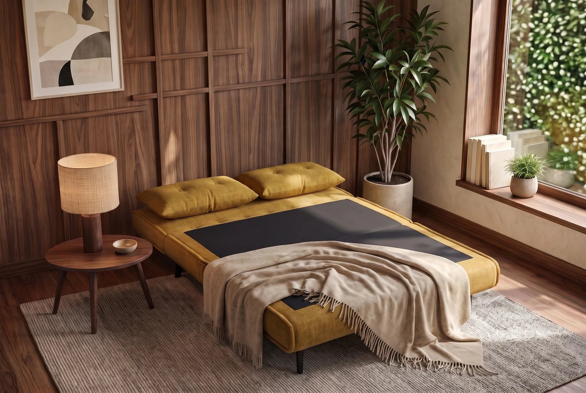 Żółta sofa z funkcją spania 140 cm w tkaninie aksamit z drewnianymi nóżkami i poduszkami