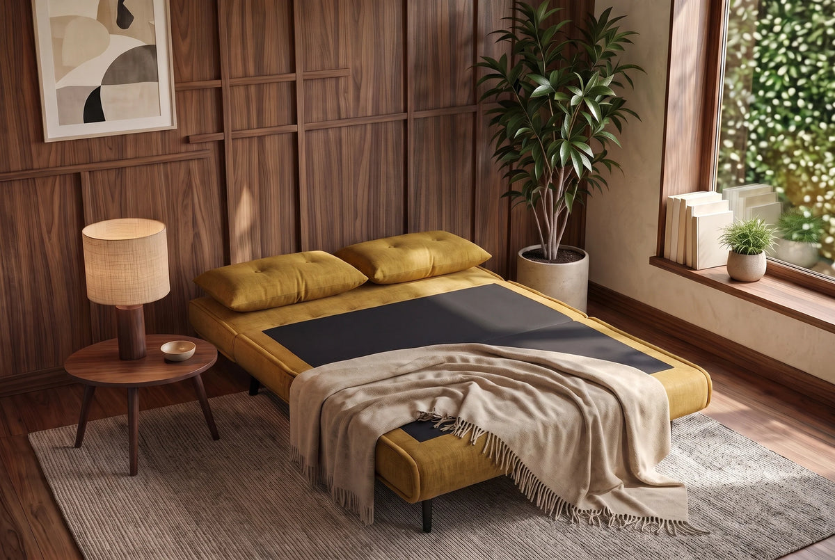Żółta sofa z funkcją spania 140 cm w tkaninie aksamit z drewnianymi nóżkami i poduszkami