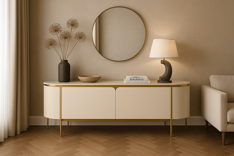 Elegancka komoda RTV ecru z ryflowanym korpusem, marmurem i złotymi akcentami