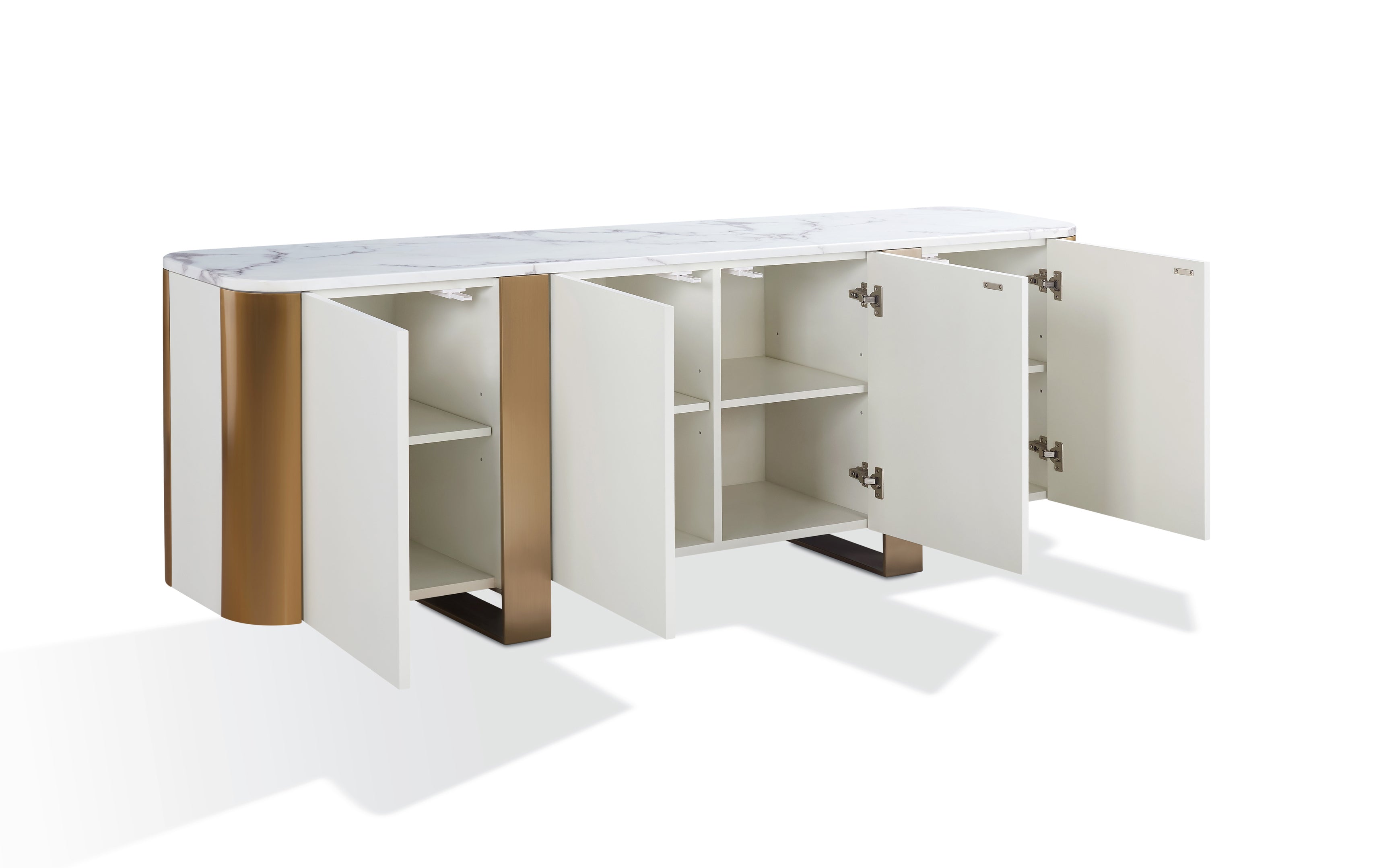 Nowoczesna komoda – złote nogi, zaokrąglone narożniki, fronty push to open”