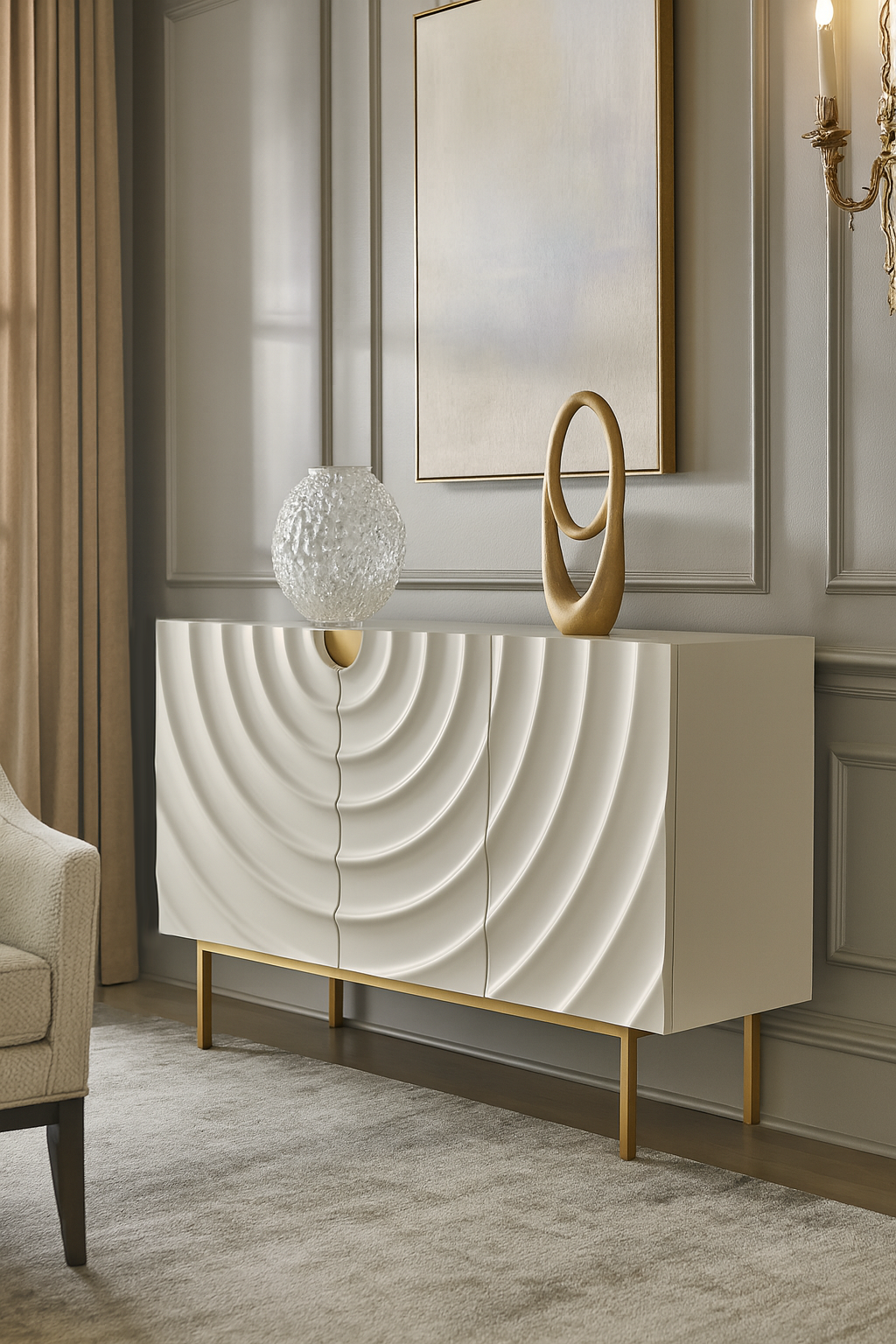 Komoda art déco ecru ze złotymi nogami i frontem 3D w koncentryczne kręgi, biały błyszczący blat z marmuru syntetycznego