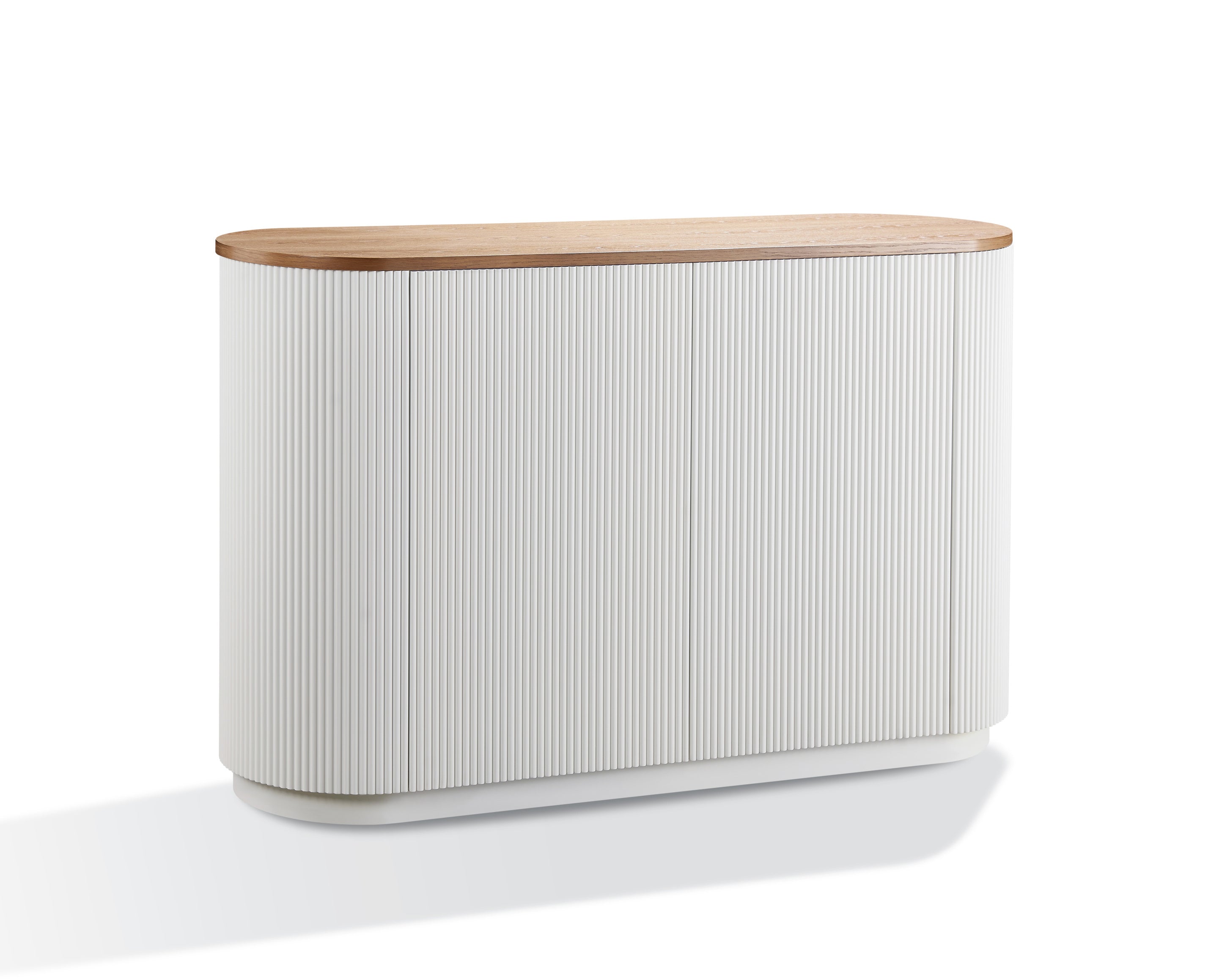 Komoda ecru z ryflowanym korpusem i owalnym blatem z jasnego drewna wiązu, 2-drzwiowa, nowoczesny styl