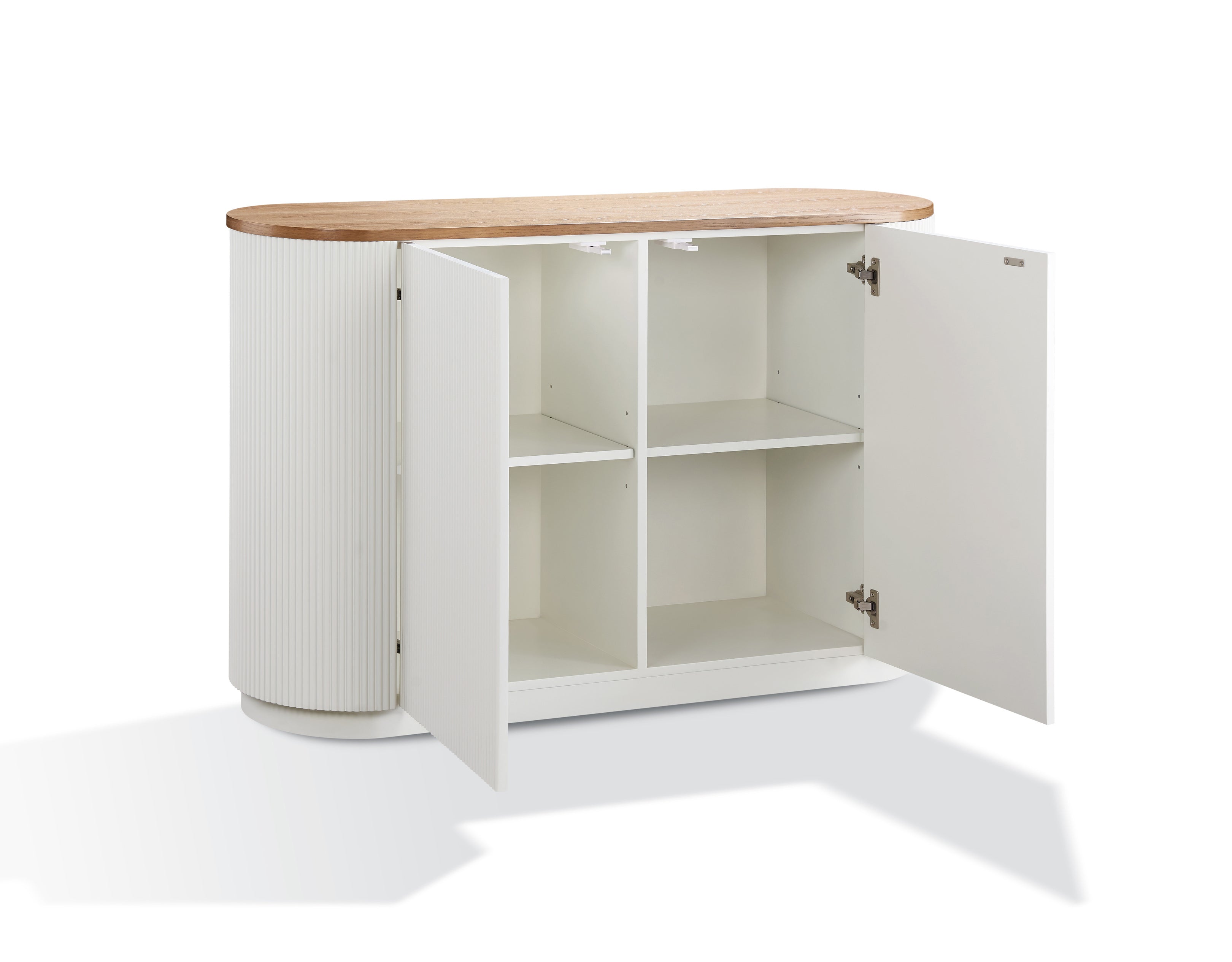 Komoda ecru z ryflowanym korpusem i owalnym blatem z jasnego drewna wiązu, 2-drzwiowa, nowoczesny styl