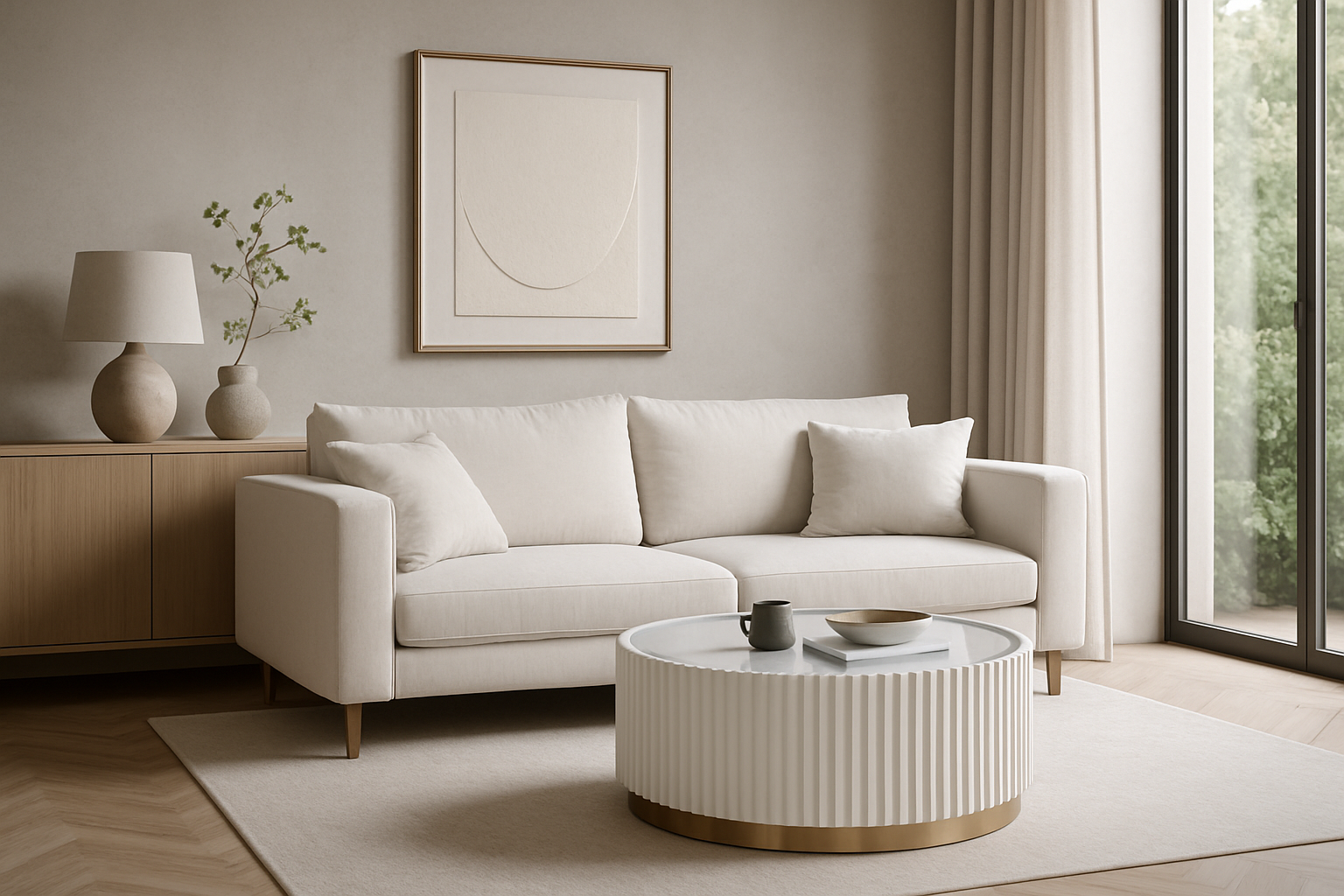 Okrągły stolik kawowy biały z ryflowanym korpusem, lustrzanym blatem i szczotkowaną złotą podstawą