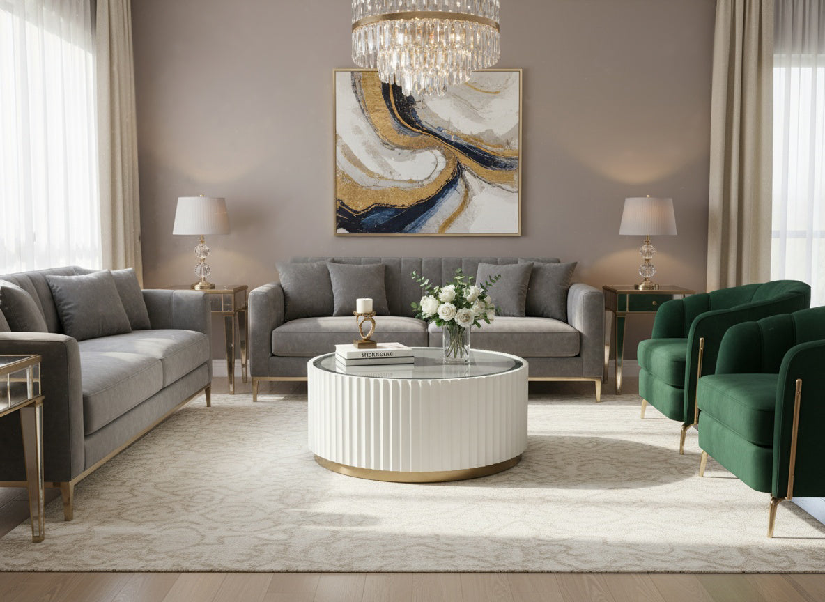 Okrągły stolik kawowy biały z ryflowanym korpusem, lustrzanym blatem i szczotkowaną złotą podstawą