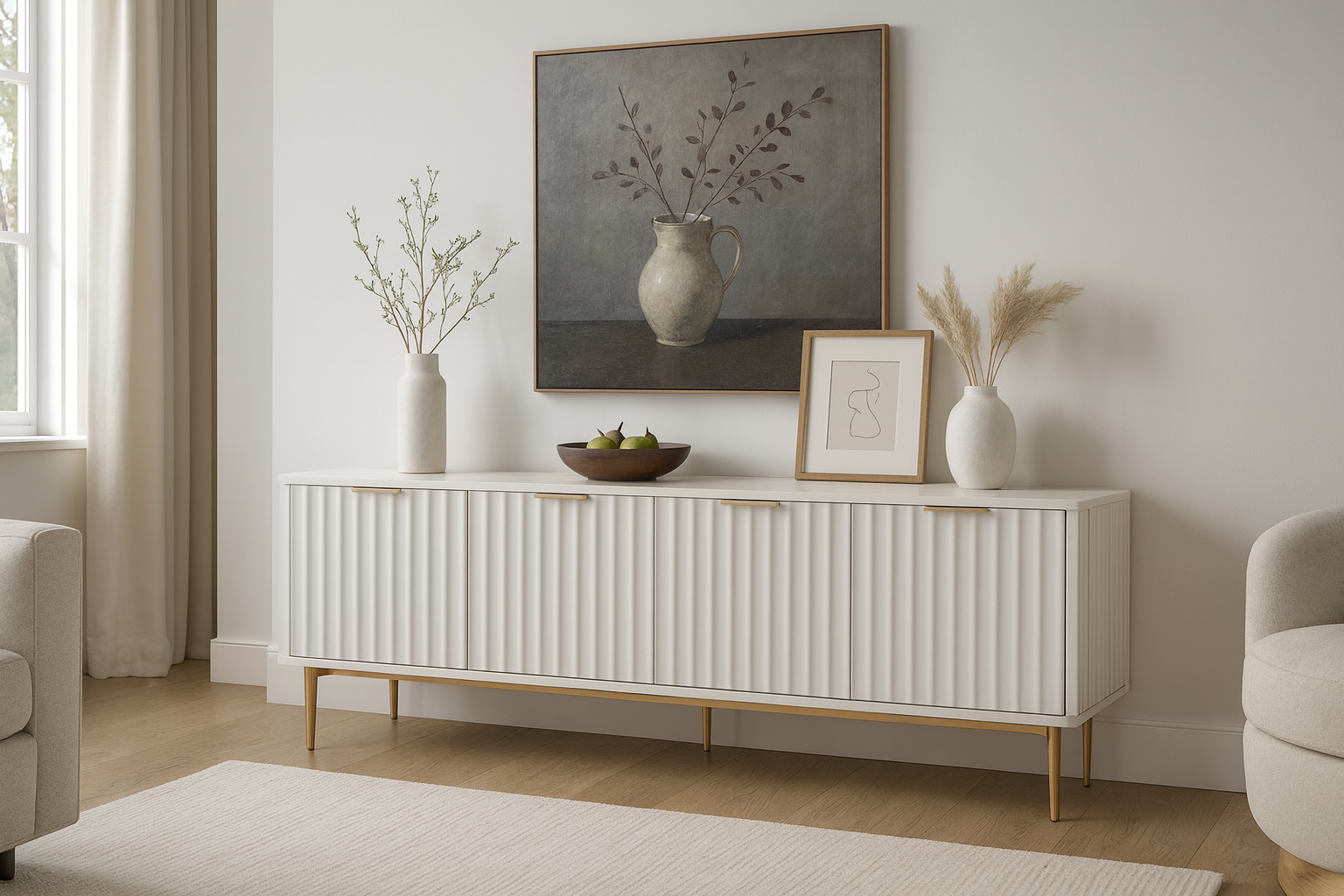 Komoda rtv ecru z ryflowanymi frontami, cztery drzwi, złote nogi i uchwyty, zaokrąglone boki, nowoczesny styl