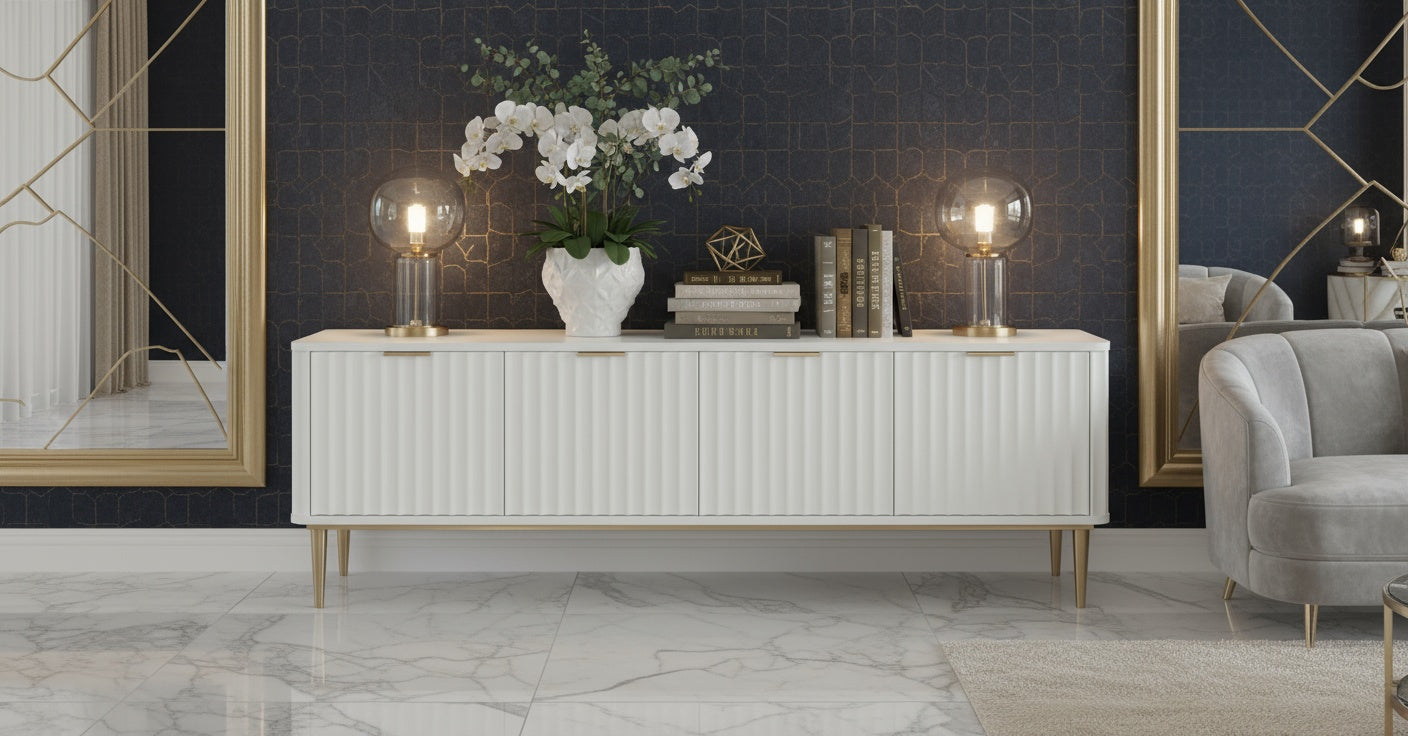 Komoda rtv ecru z ryflowanymi frontami, cztery drzwi, złote nogi i uchwyty, zaokrąglone boki, nowoczesny styl