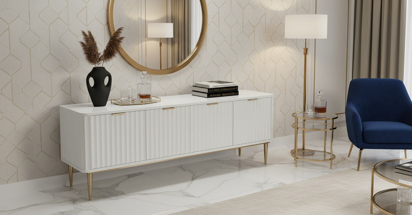 Komoda rtv ecru z ryflowanymi frontami, cztery drzwi, złote nogi i uchwyty, zaokrąglone boki, nowoczesny styl