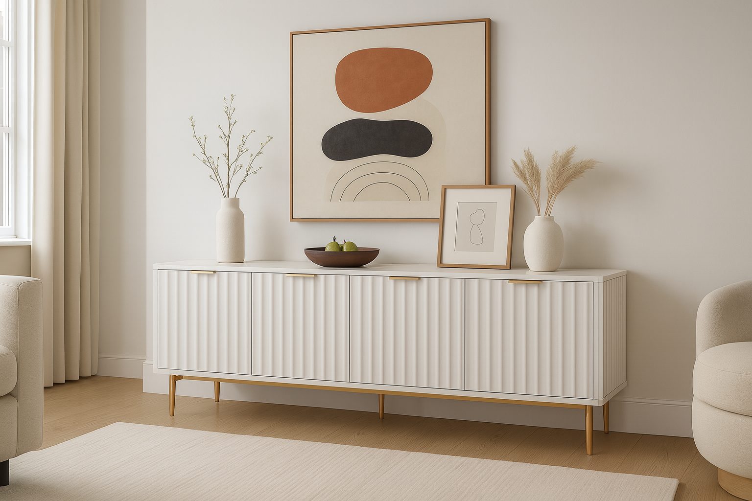 Komoda rtv ecru z ryflowanymi frontami, cztery drzwi, złote nogi i uchwyty, zaokrąglone boki, nowoczesny styl