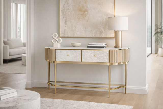 Szampańsko-złota konsola z frontami z naturalnej muszli, białym marmurowym blatem i 2 szufladami soft close.