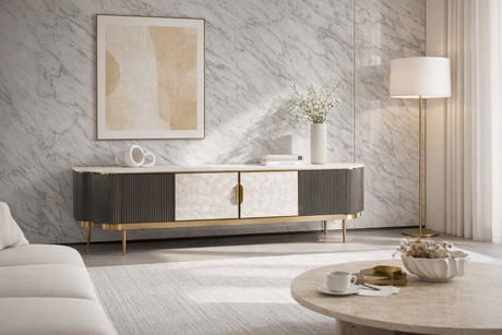 Grafitowa komoda RTV z frontem z naturalnej muszli, białym marmurowym blatem i złotymi nogami, 4-drzwiowa