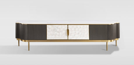 Grafitowa komoda RTV z frontem z naturalnej muszli, białym marmurowym blatem i złotymi nogami, 4-drzwiowa.