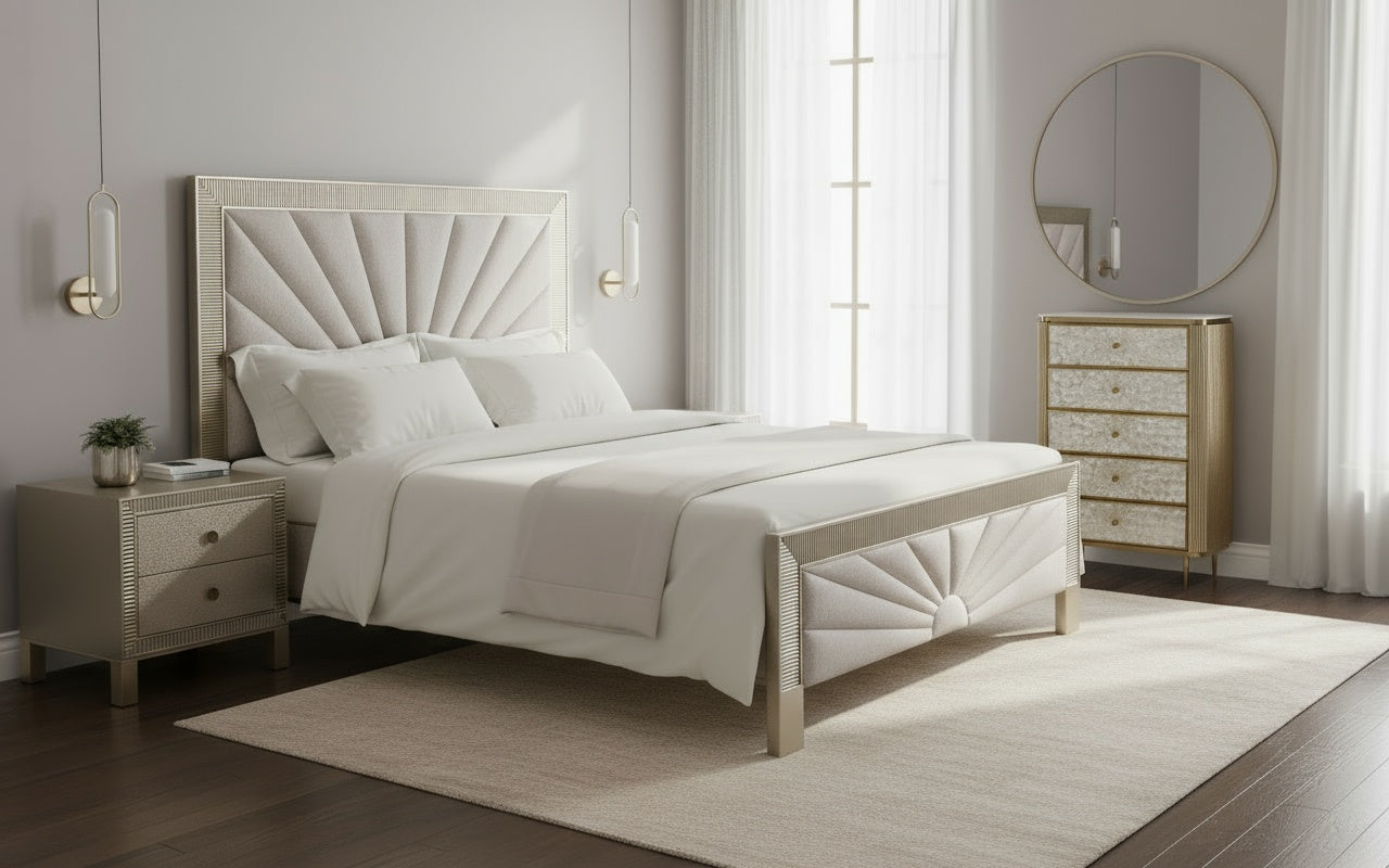 Komoda szampańskie złoto z 5 szufladami, perłowe fronty z naturalnej muszli, ryflowane boki, biały blat marmur syntetyczny