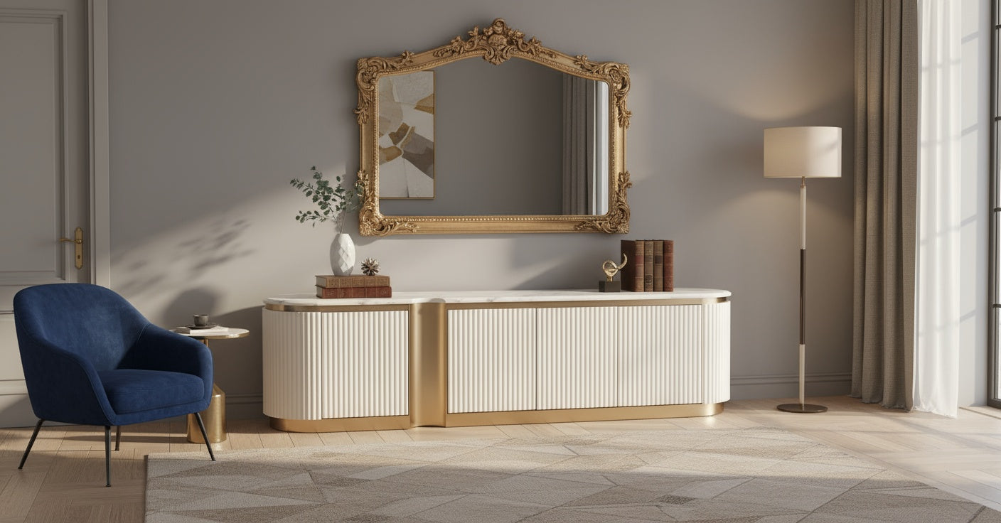 Szafka rtv ecru ryflowane fronty, blat marmur syntetyczny, 4 drzwi push to open, półki i przepusty kablowe