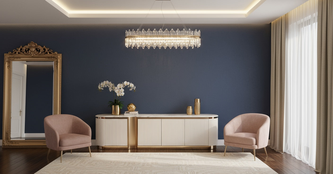 Szafka rtv ecru ryflowane fronty, blat marmur syntetyczny, 4 drzwi push to open, półki i przepusty kablowe