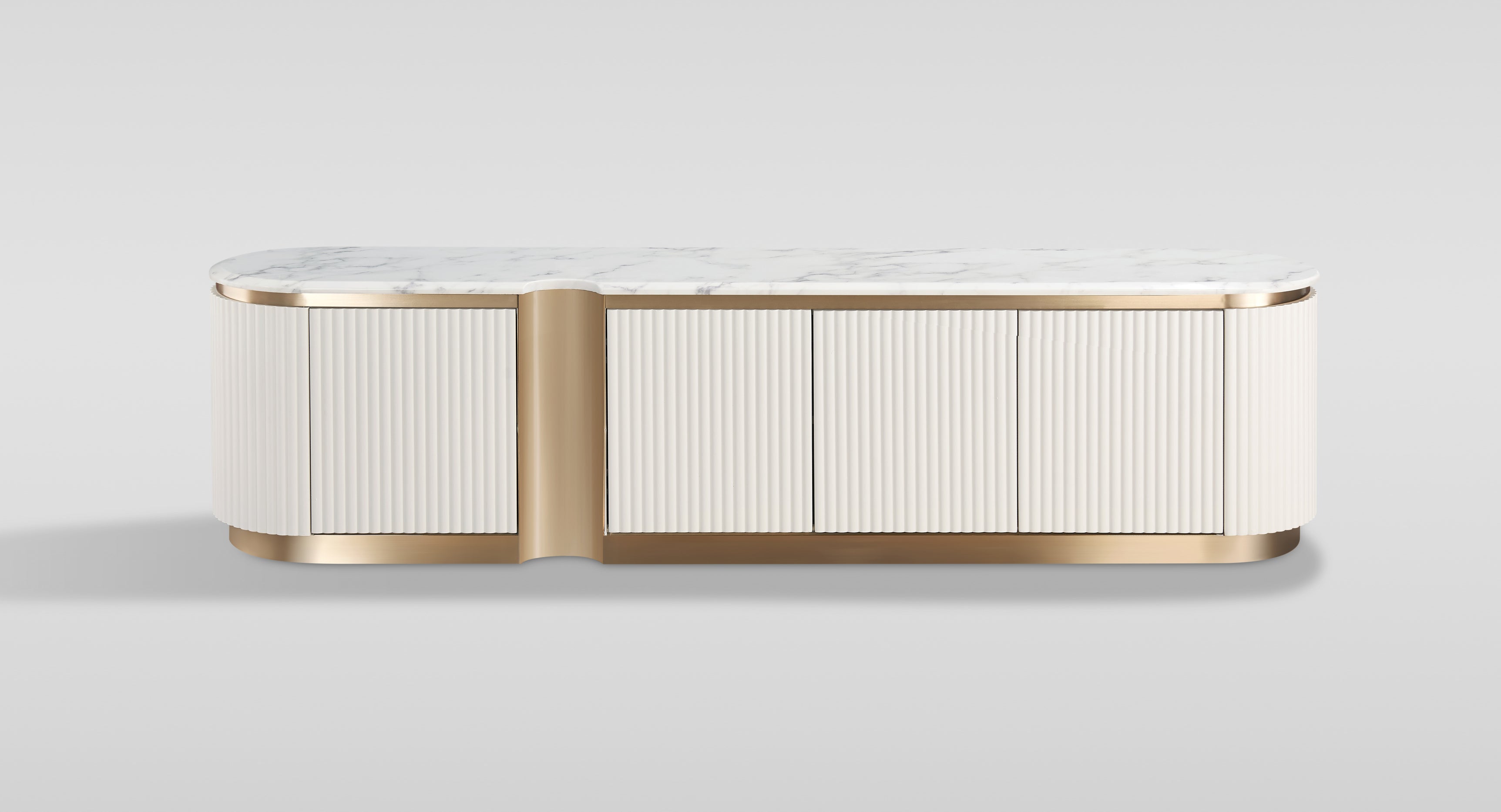 Szafka rtv ecru ryflowane fronty, blat marmur syntetyczny, 4 drzwi push to open, półki i przepusty kablowe