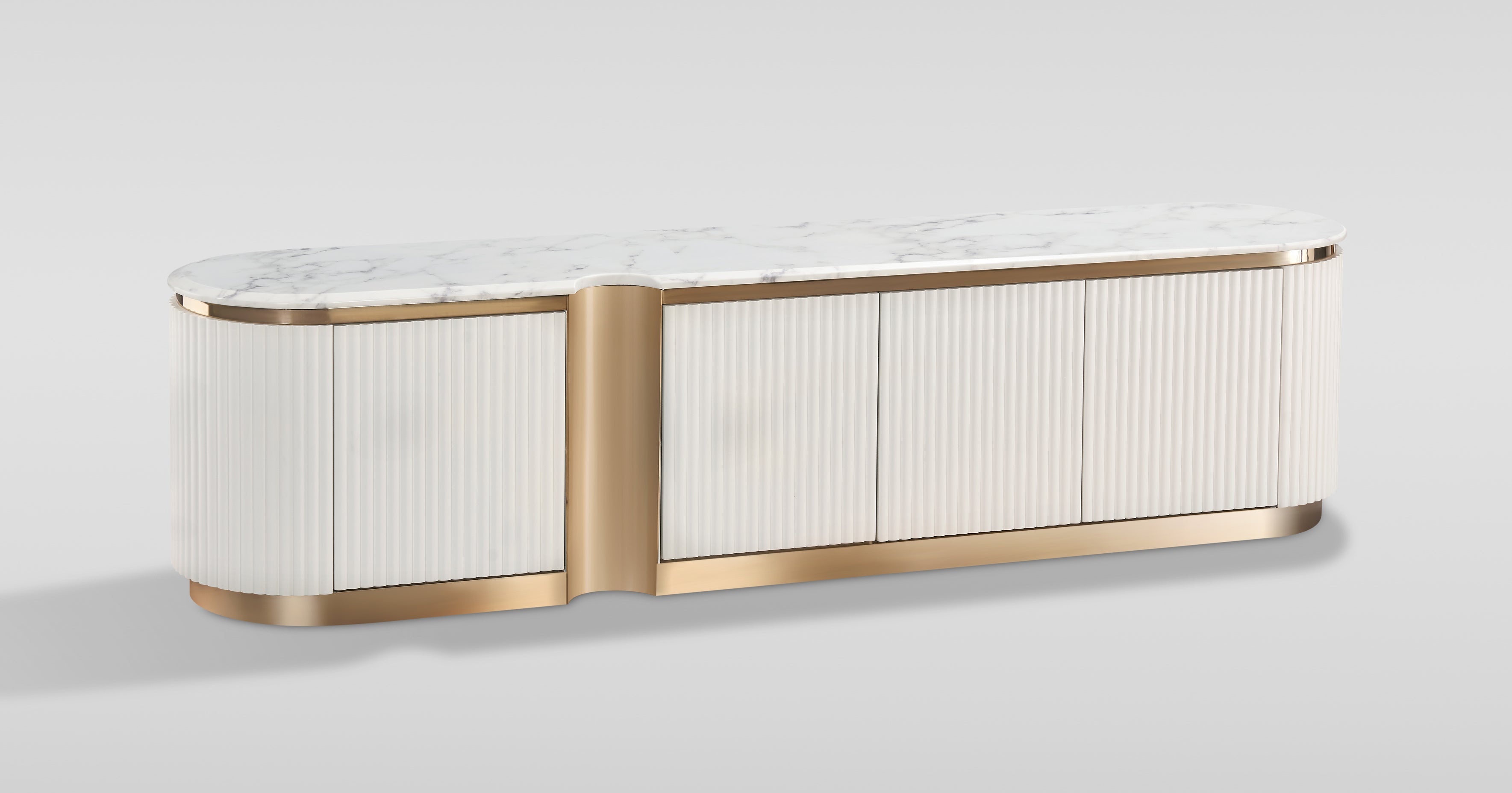 Szafka rtv ecru ryflowane fronty, blat marmur syntetyczny, 4 drzwi push to open, półki i przepusty kablowe