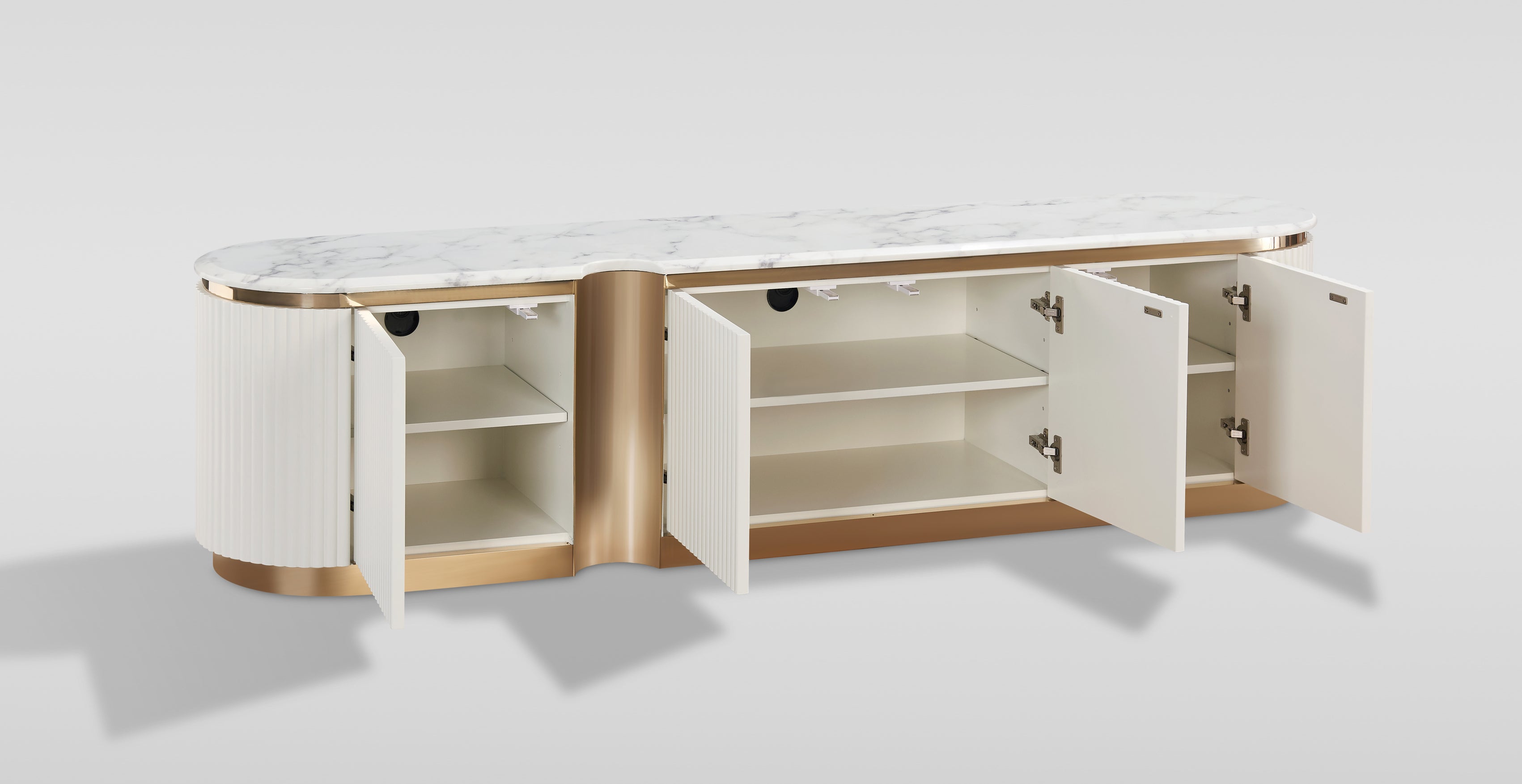 Szafka rtv ecru ryflowane fronty, blat marmur syntetyczny, 4 drzwi push to open, półki i przepusty kablowe