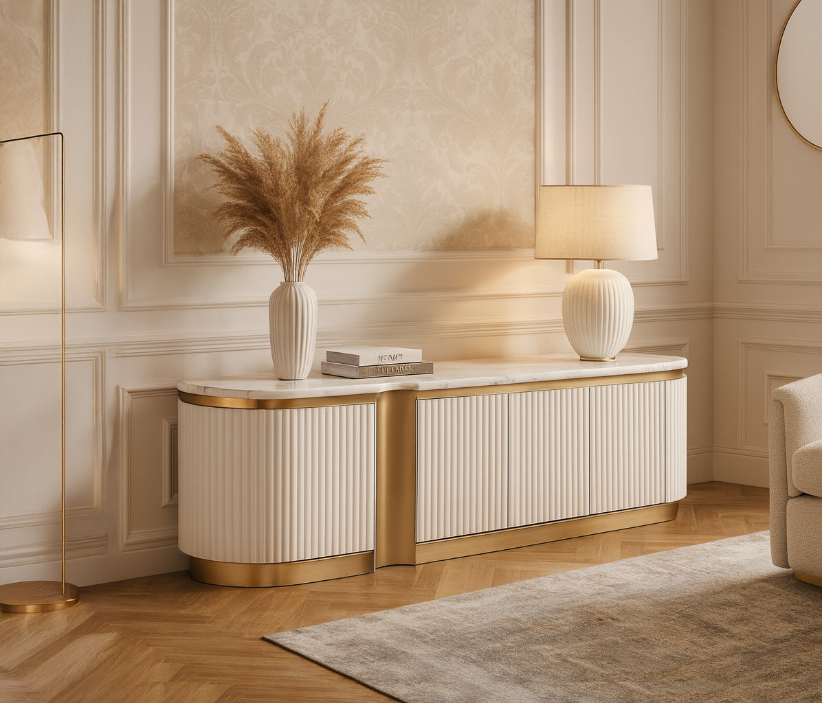 Szafka rtv ecru ryflowane fronty, blat marmur syntetyczny, 4 drzwi push to open, półki i przepusty kablowe