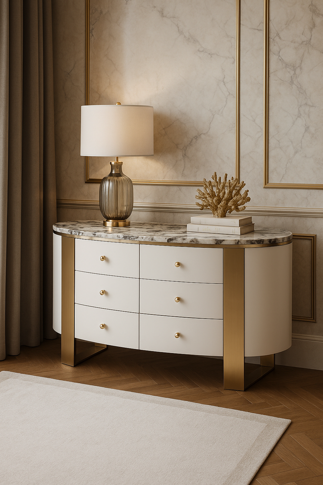 Nowoczesna biała komoda na złotych nogach z marmurowym blatem i sześcioma szufladami