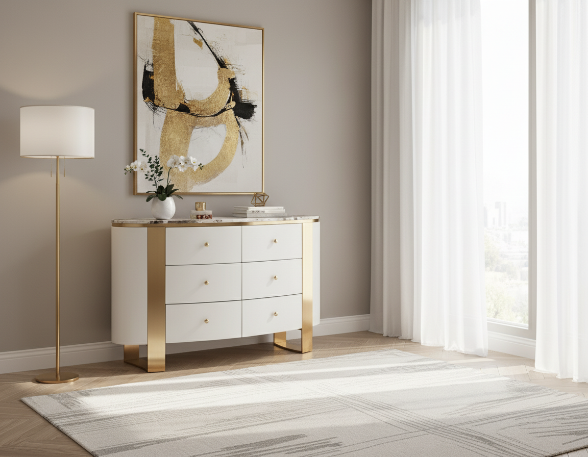 Nowoczesna biała komoda na złotych nogach z marmurowym blatem i sześcioma szufladami