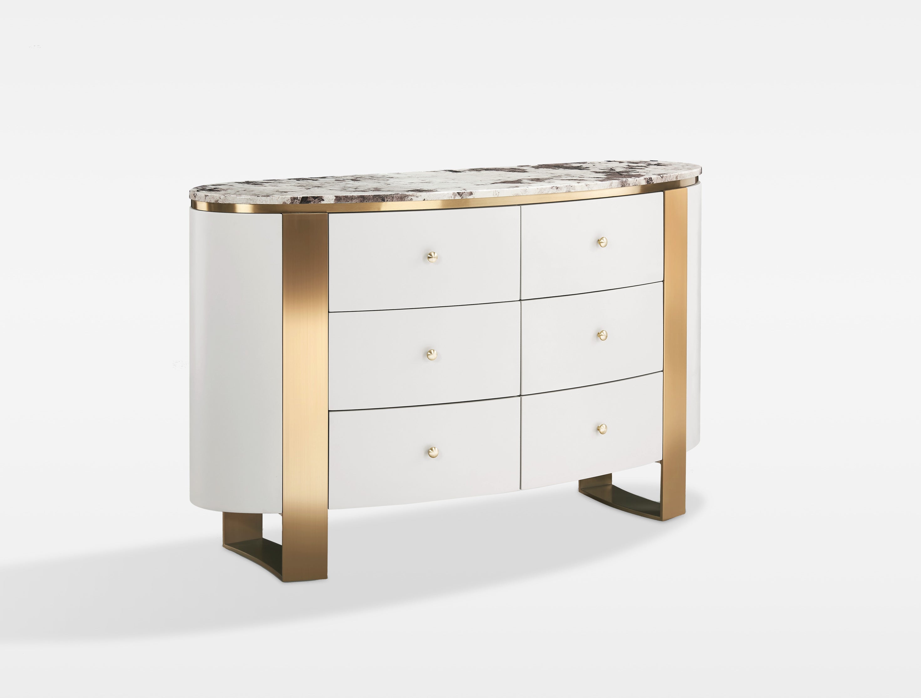 Nowoczesna biała komoda na złotych nogach z marmurowym blatem i sześcioma szufladami