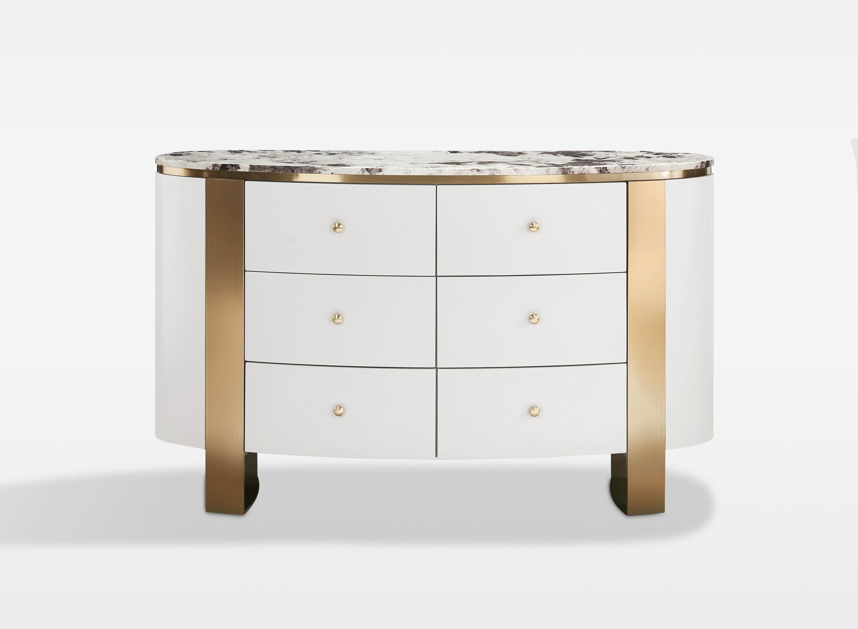 Nowoczesna biała komoda na złotych nogach z marmurowym blatem i sześcioma szufladami